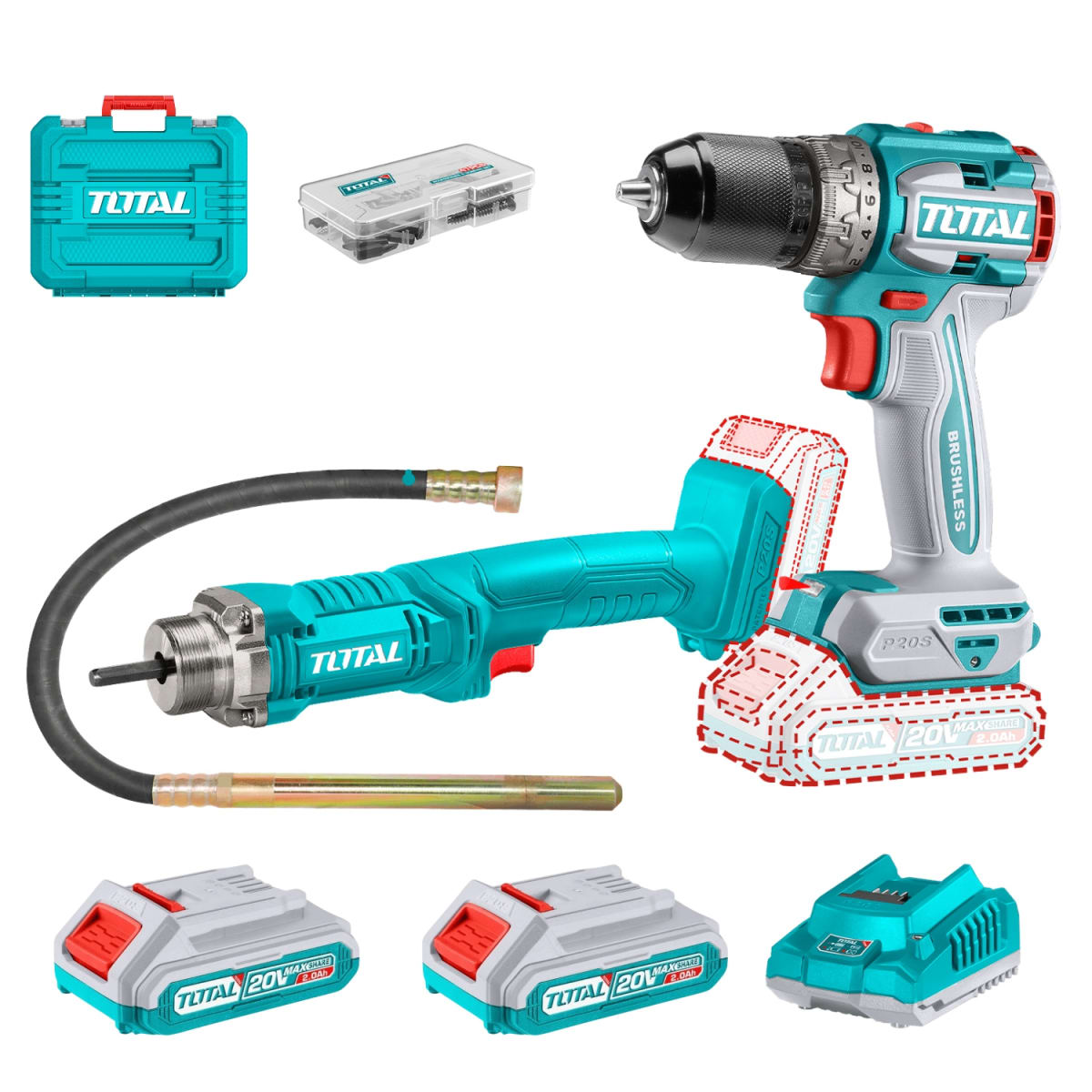 Taladro atornillador 60nm + vibrador de concreto Total1