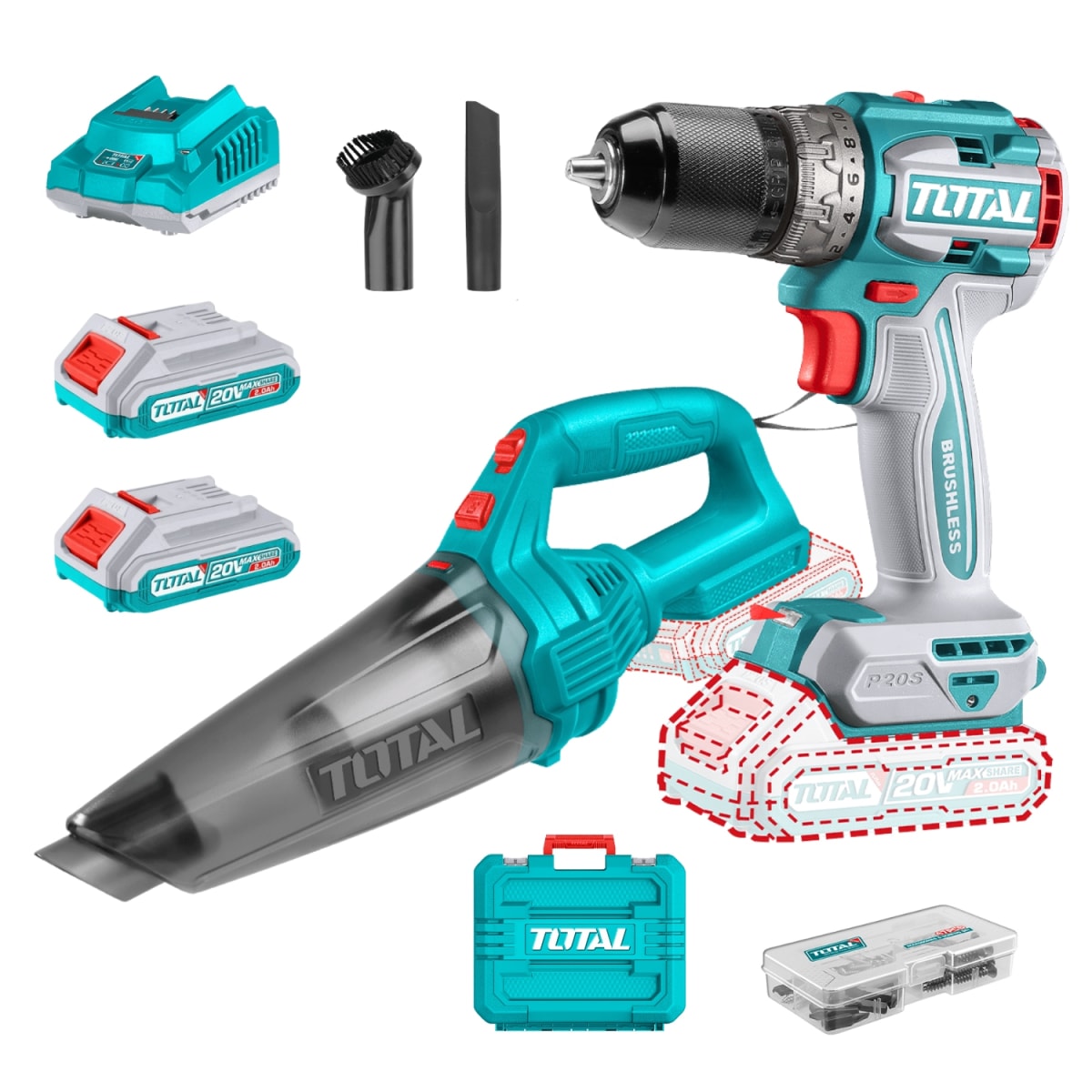 Taladro atornillador 60nm + Aspiradora 20v Total1