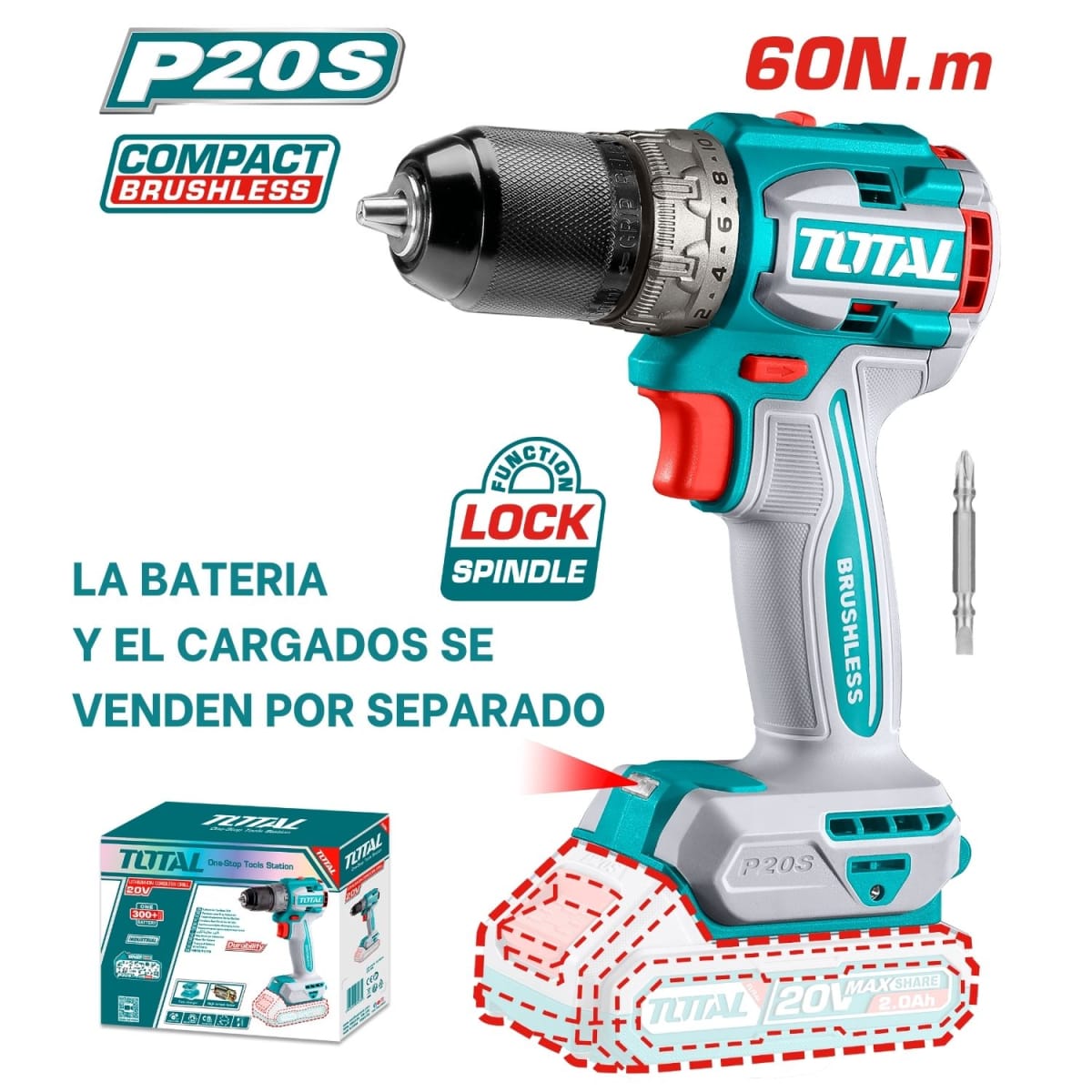 Taladro atornillador 60nm chuck metálico 20v Total2