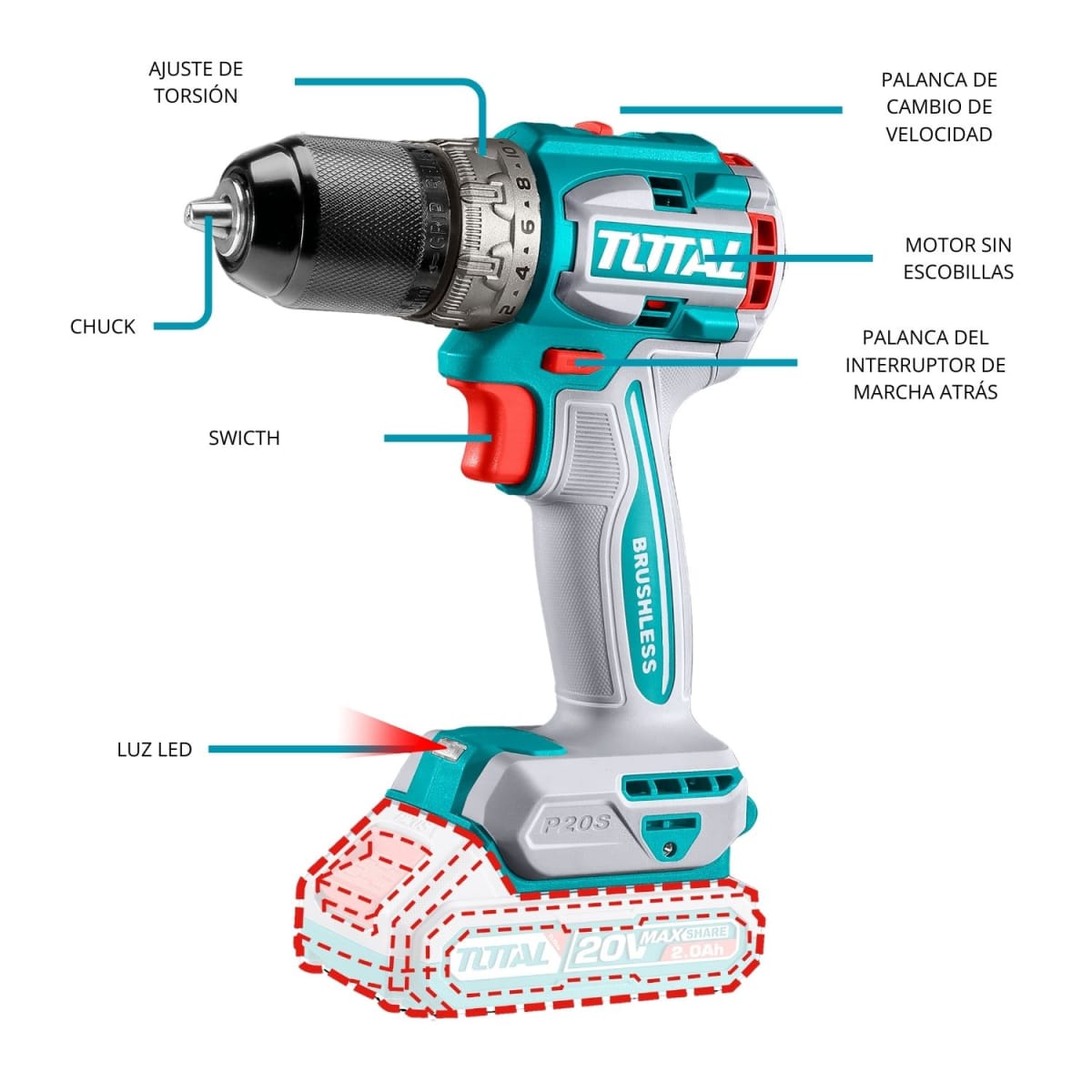 Taladro atornillador 60nm chuck metálico 20v Total3