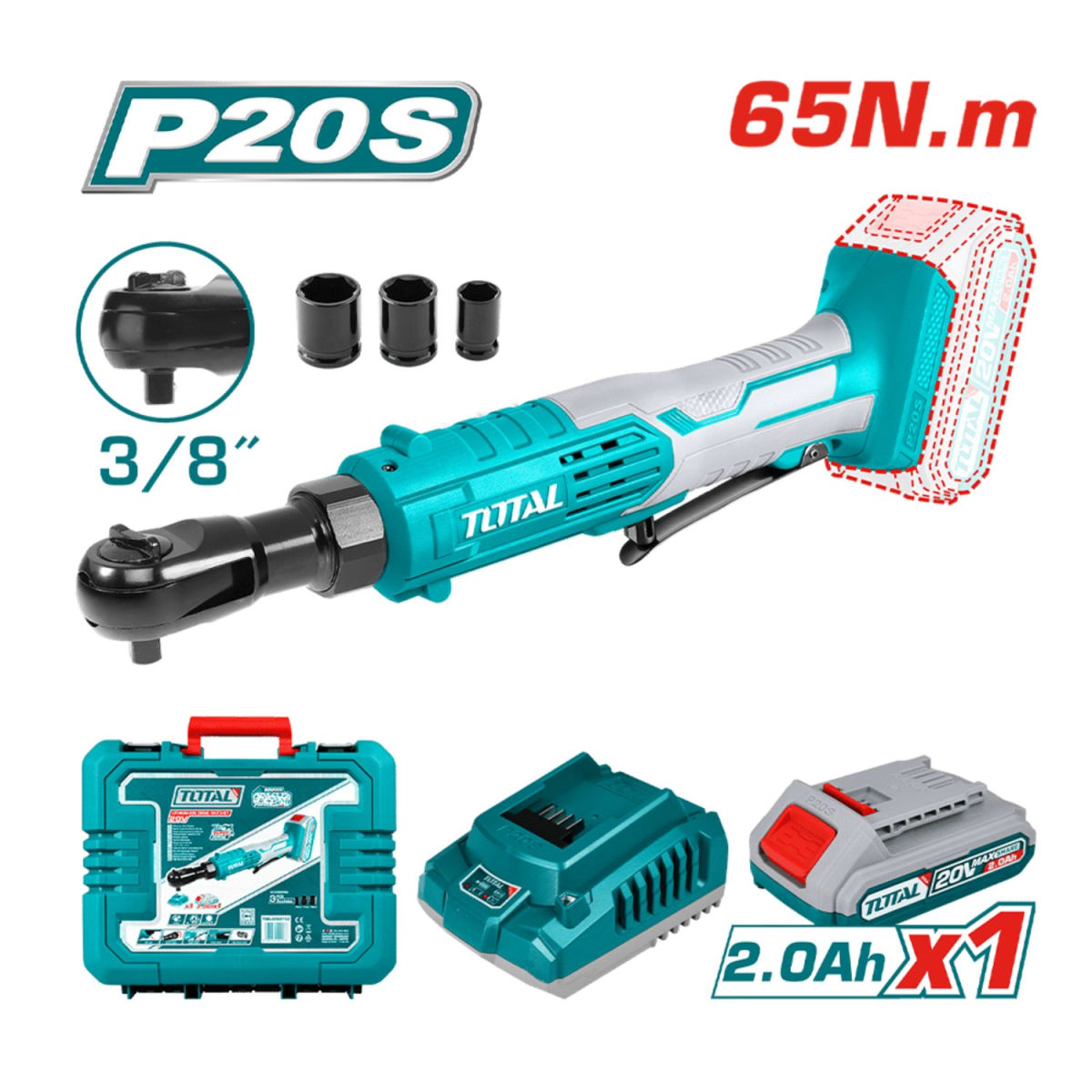 Llave ratchet 65nm + batería y cargador Total2