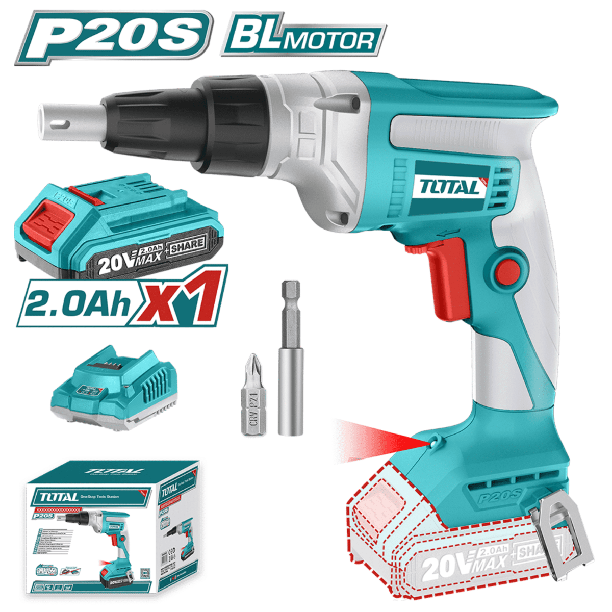 Atornillador de drywall 20v + bateria 2ah y cargador Total2