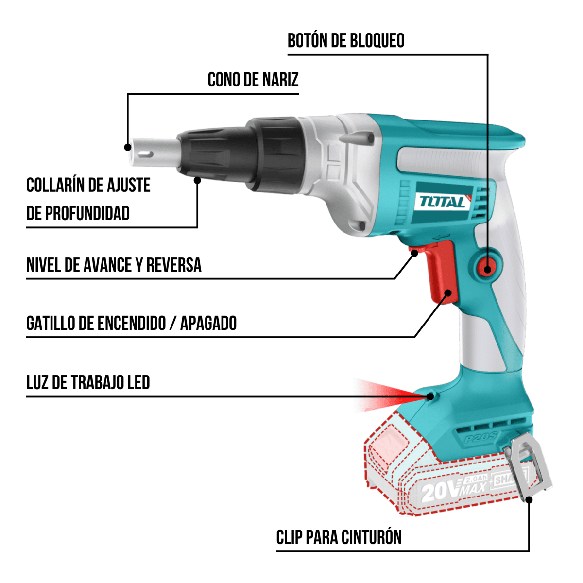 Atornillador de drywall 20v + bateria 2ah y cargador Total4
