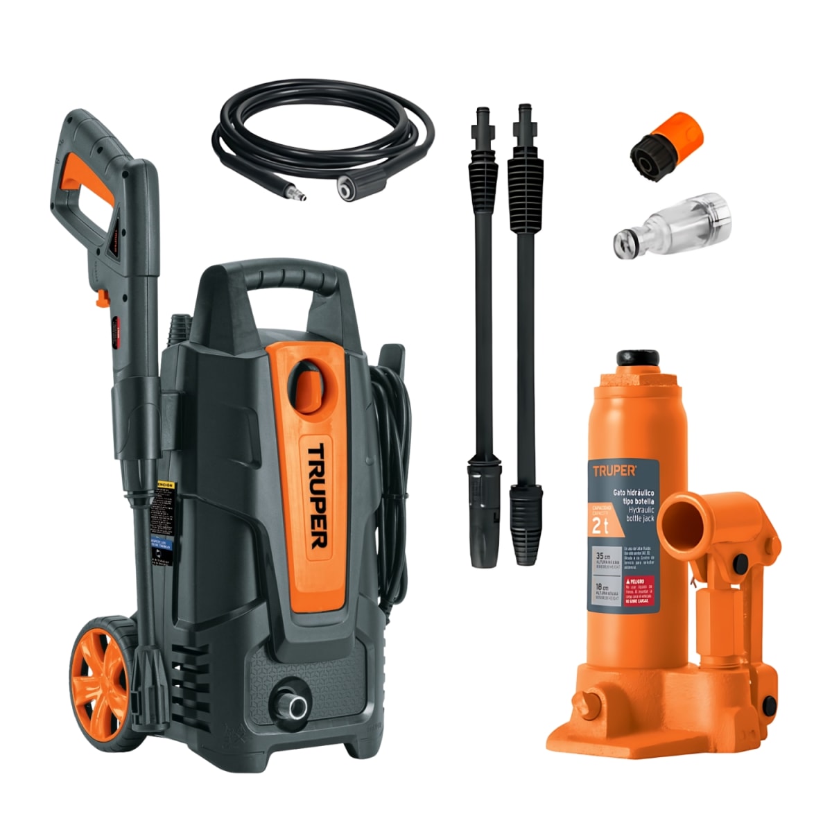 Hidrolavadora 1500 PSI 1400W  y Gata tipo botella de 2 tn Truper1