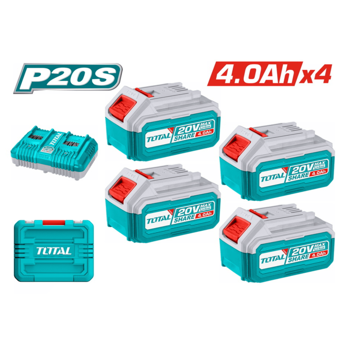 Pack de 4 baterias 20v 4ah + cargador rapido y maletin Total2