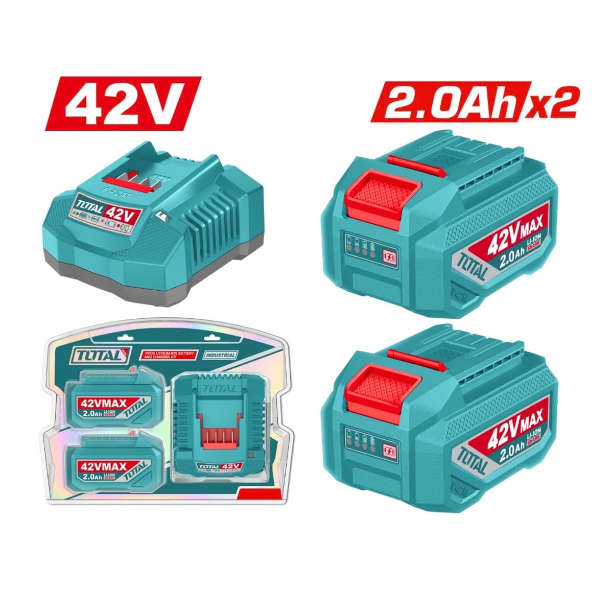 Combo de 2 Batería 2.0 Amp + Cargador Rápido 42v Total2