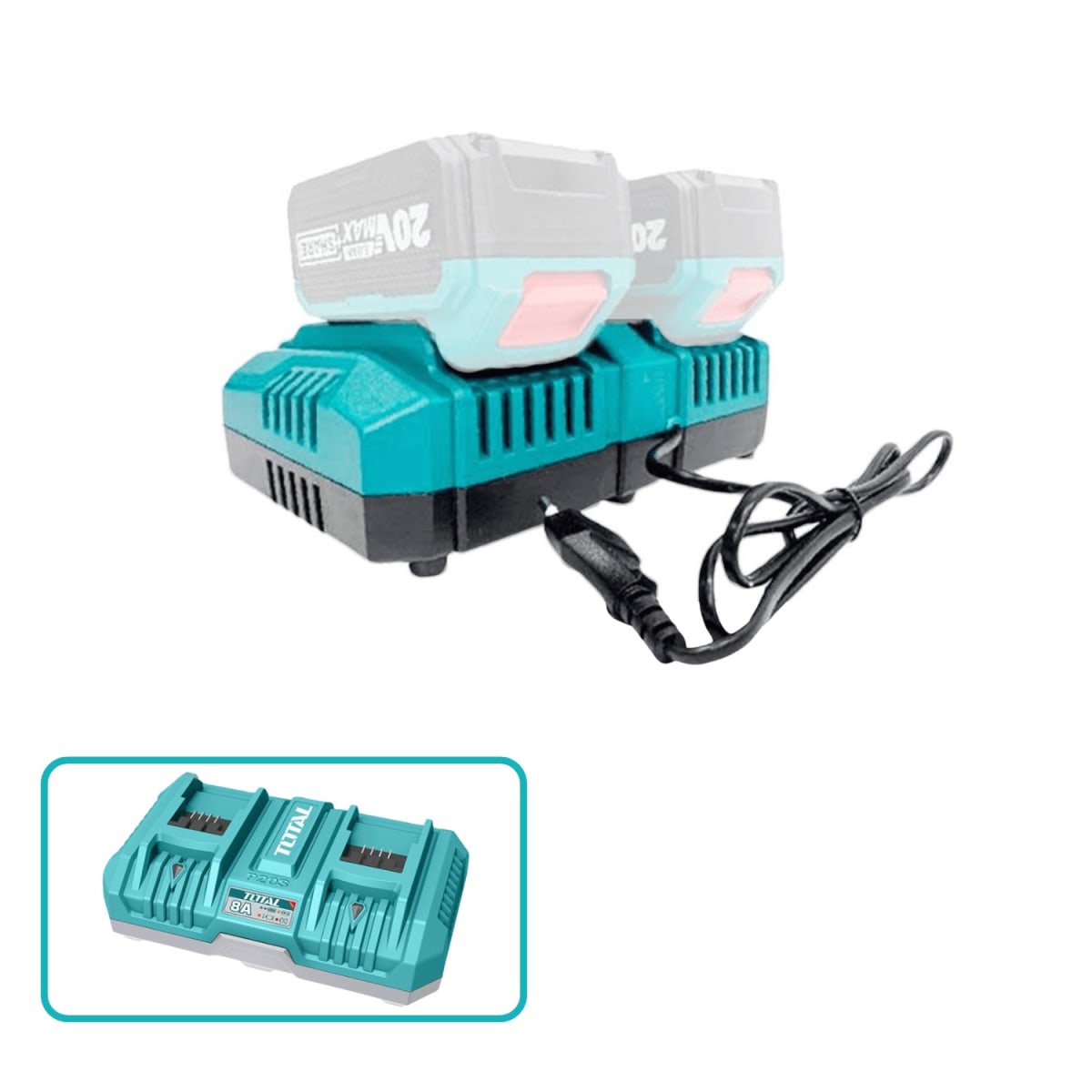 Cargador rápido 8ah doble para bateria 20v Total4