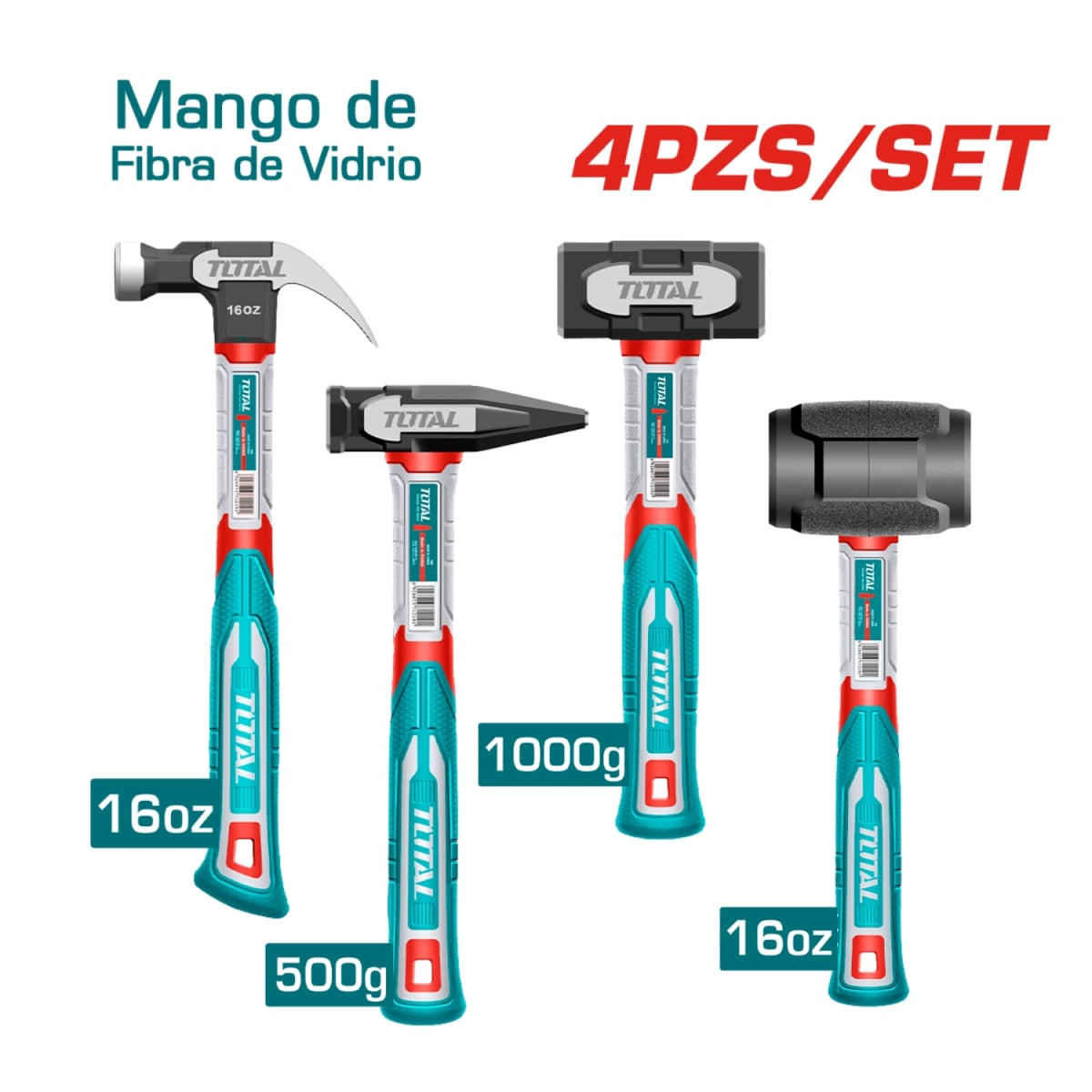 Set de Martillos : Uña 16oz + Mecanico 500g + Albanil 100g + Goma 16oz Total2