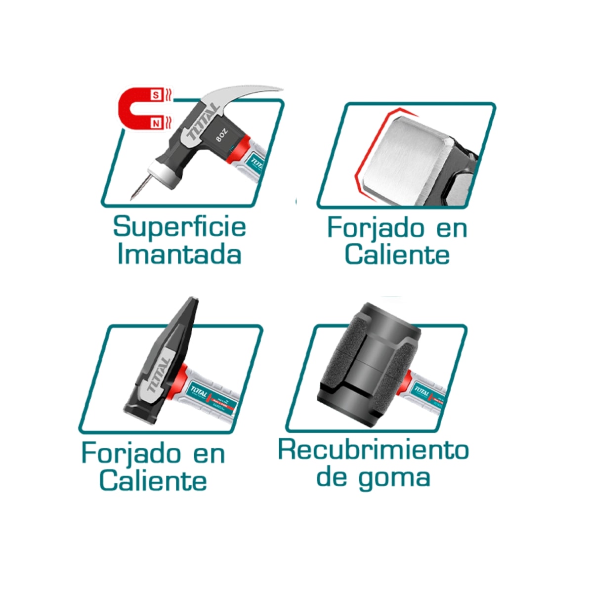 Set de Martillos : Uña 16oz + Mecanico 500g + Albanil 100g + Goma 16oz Total7