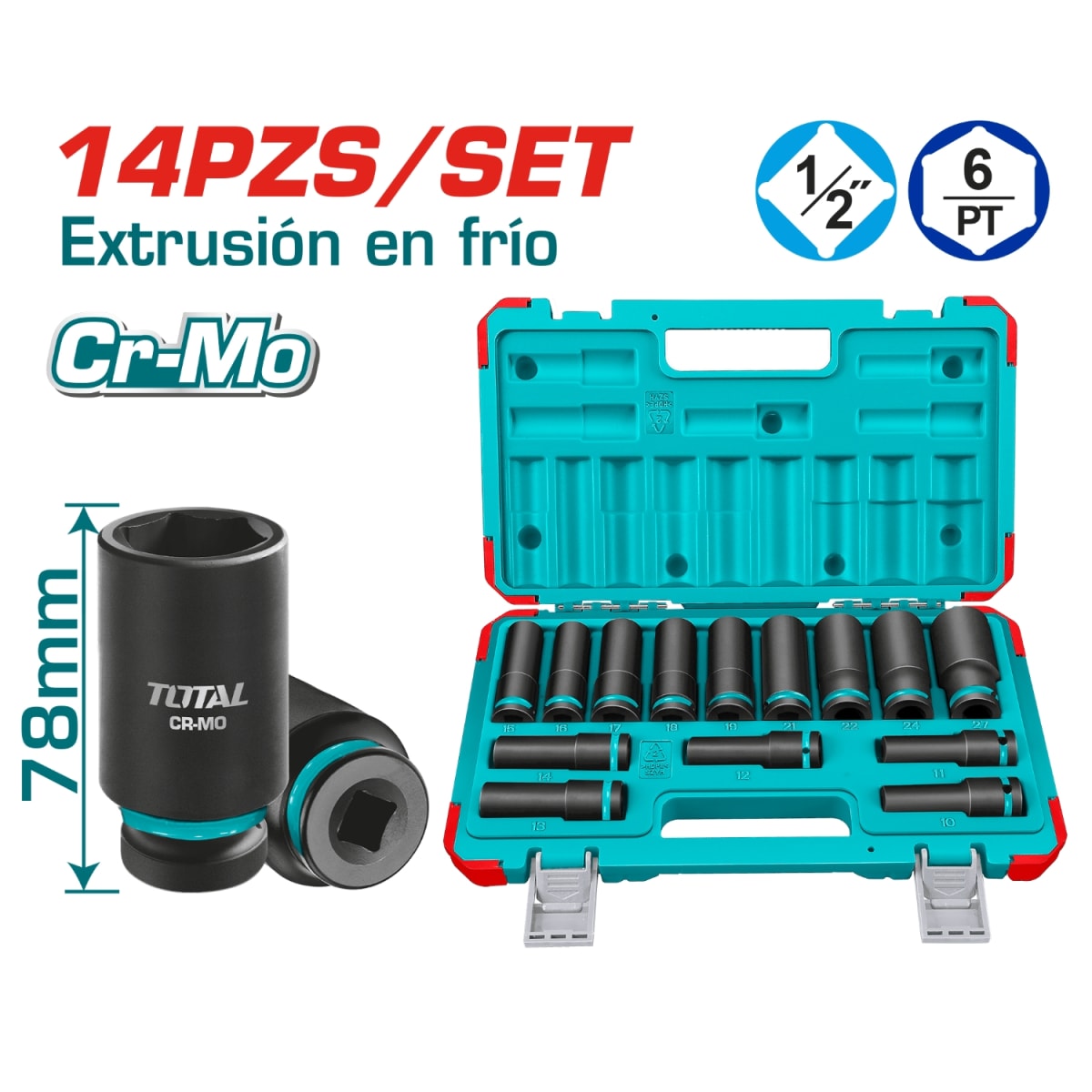 Set de Dados Impacto Tubulares 1/2'' 10-27mm 14pcs Total2