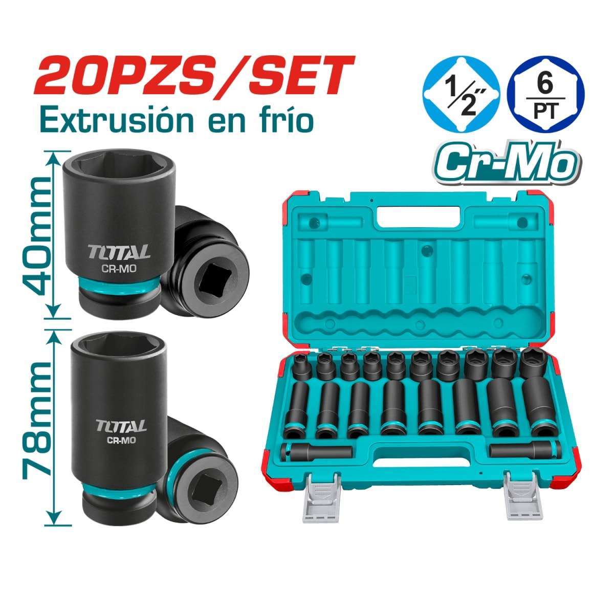 Set de Dados Impacto Tubulares 1/2'' x2(10-24mm 20pcs) Total2