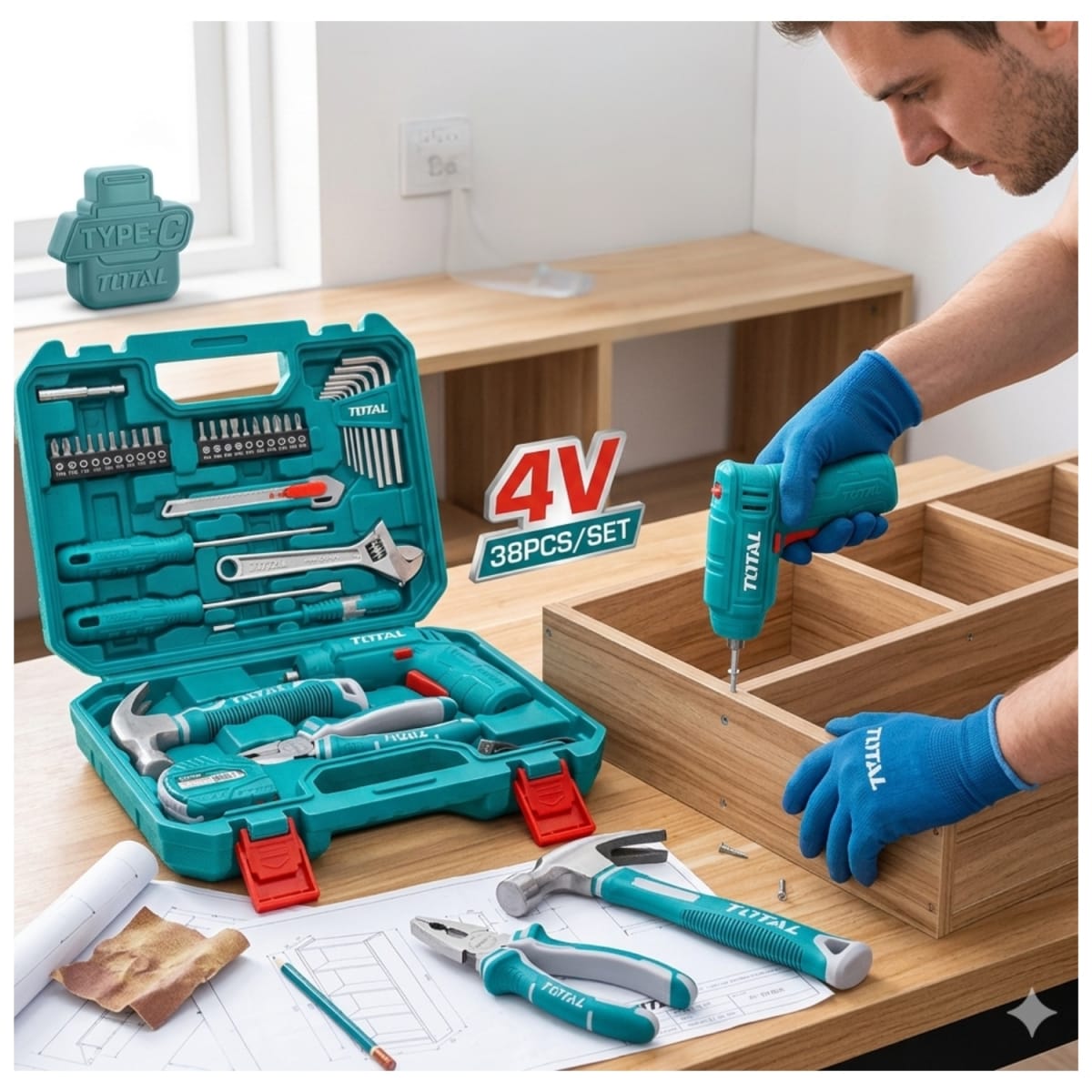 Set de Destornillador 4v + 38pcs Herramientas Total4