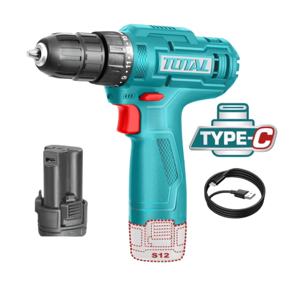 Taladro 12v + Set 89 herramientas Total5