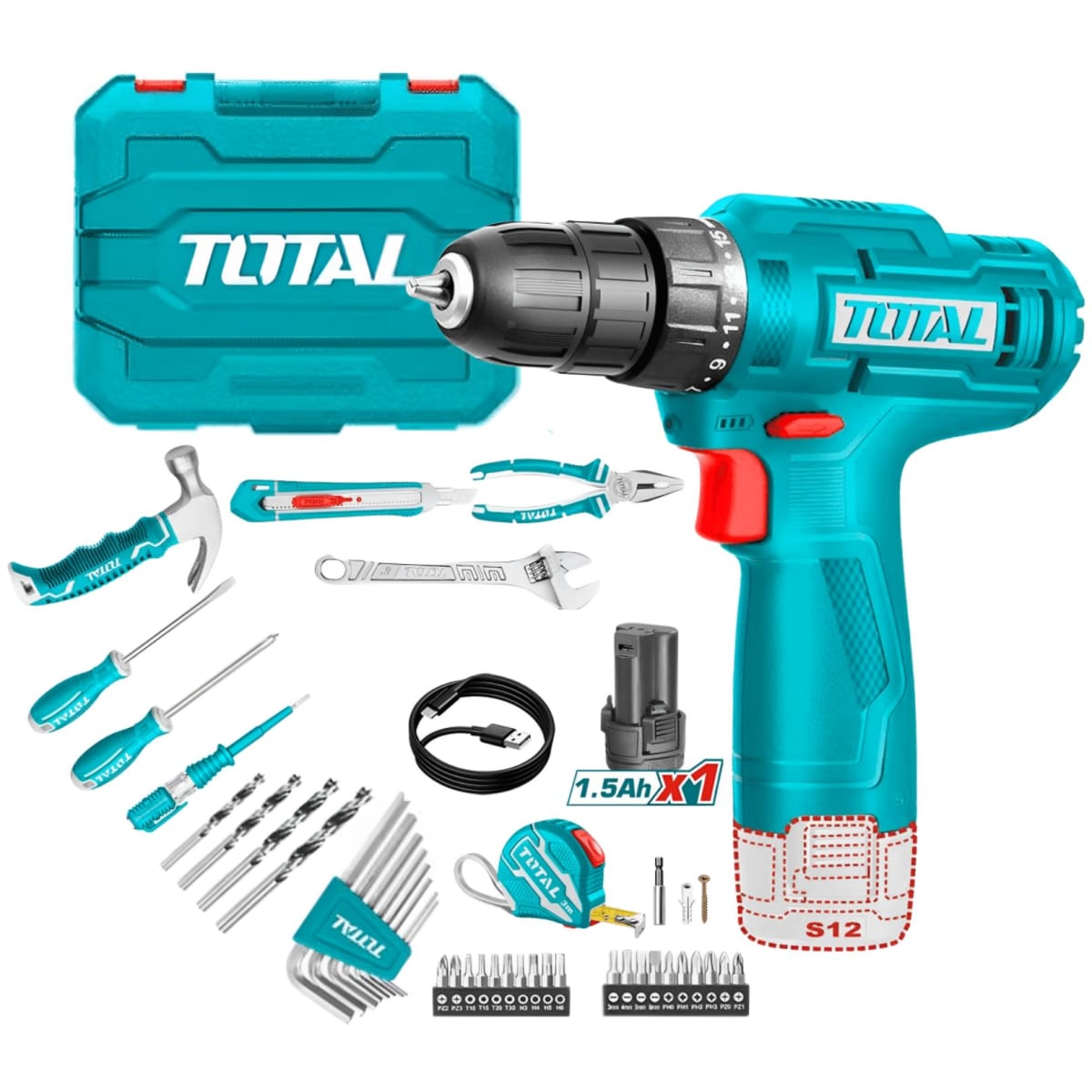 Taladro 12v + Set 89 herramientas Total1