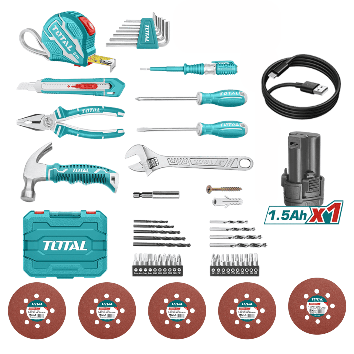Taladro 12v + Lijadora Roto Orbital 320w + 89 Herramientas total2