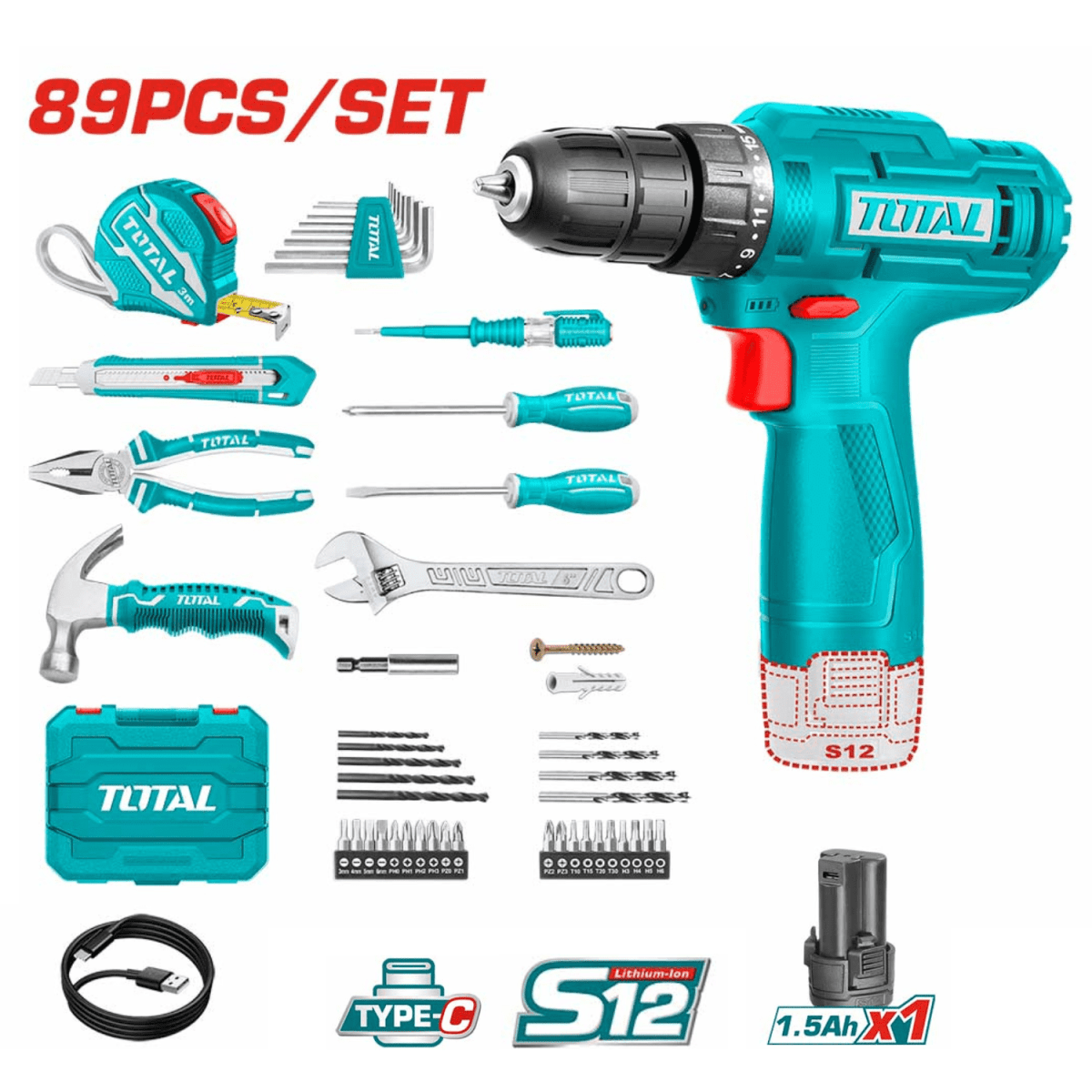Taladro 12v + Set 89 herramientas Total4