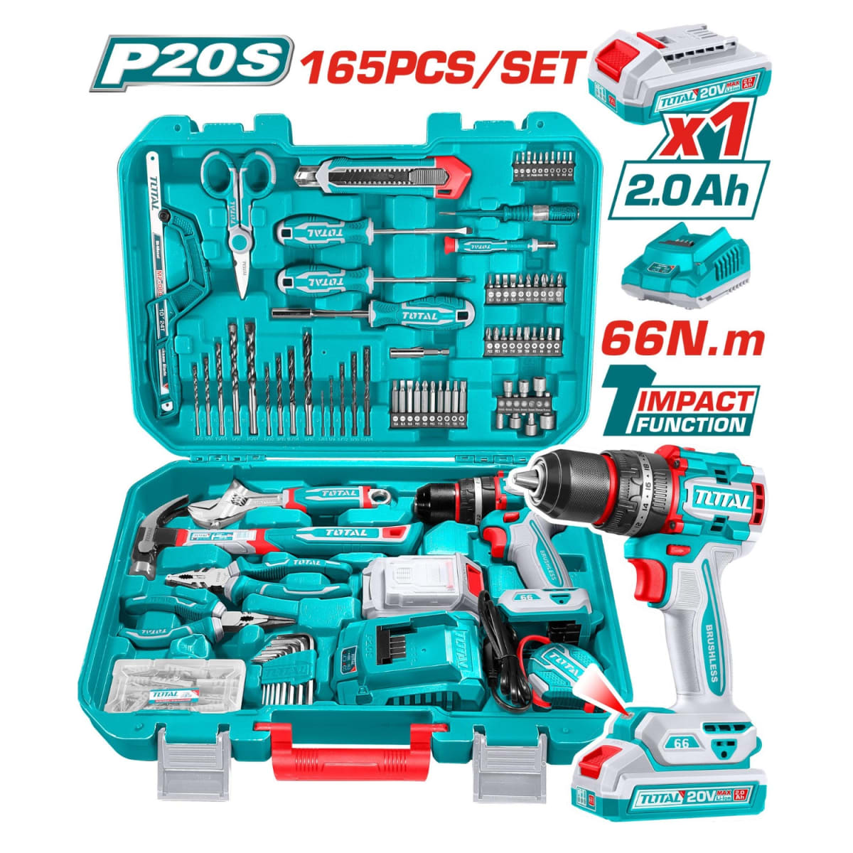 Taladro percutor 66nm 20v + 165 herramientas Total3