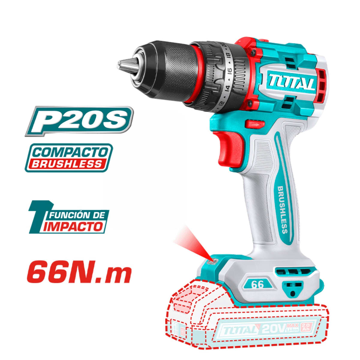 Taladro percutor 66nm 20v + 165 herramientas Total4