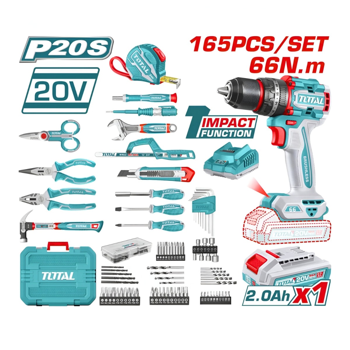 Taladro percutor 66nm 20v + 165 herramientas Total5