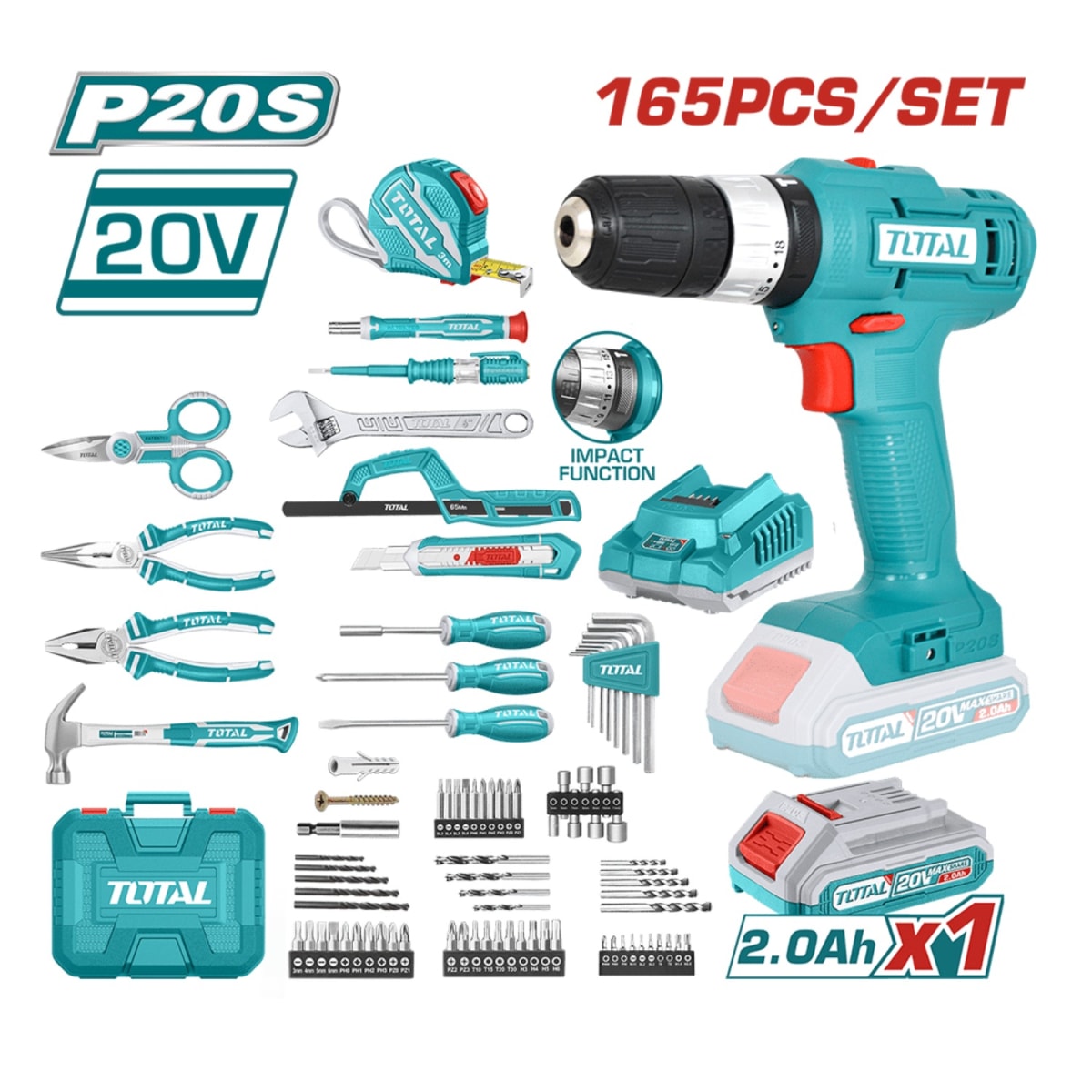 Taladro 20v + 165 herramientas Total2