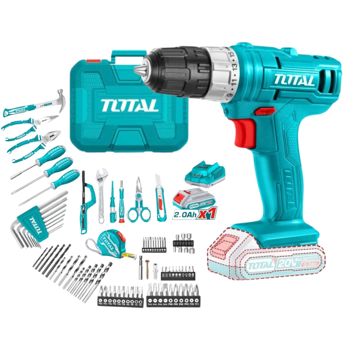 Taladro 20v + 165 herramientas Total1