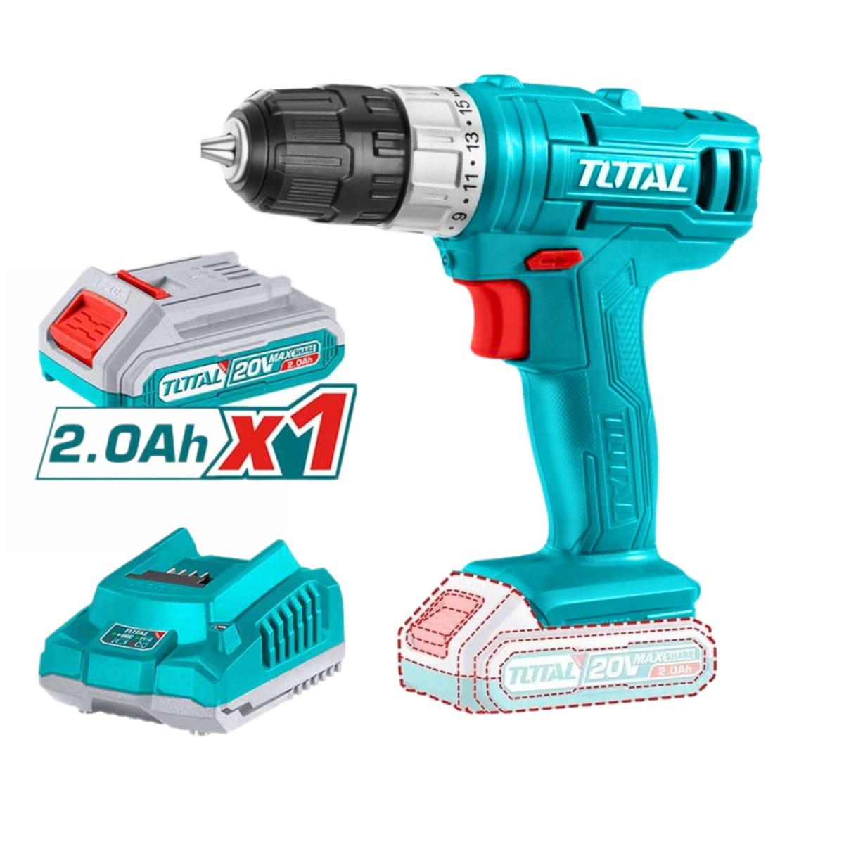 Taladro 20v + 165 herramientas Total3