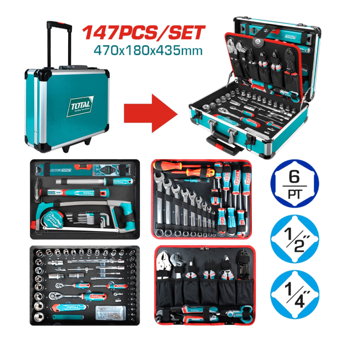 Set de Herramientas Manuales 147pcs con Maletin Total2