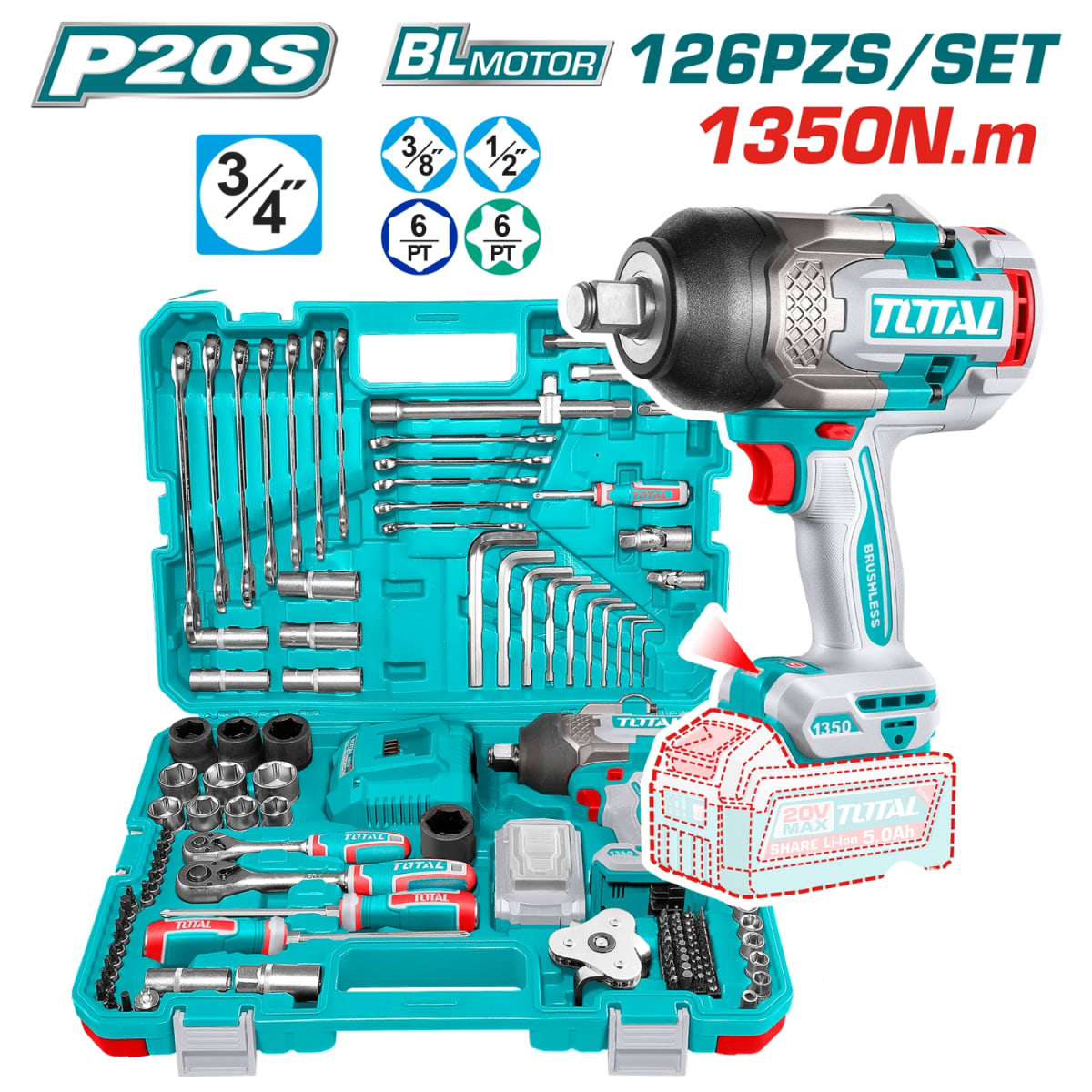 Llave de Impacto 1350nm 20v + 126 Herramientas Total2