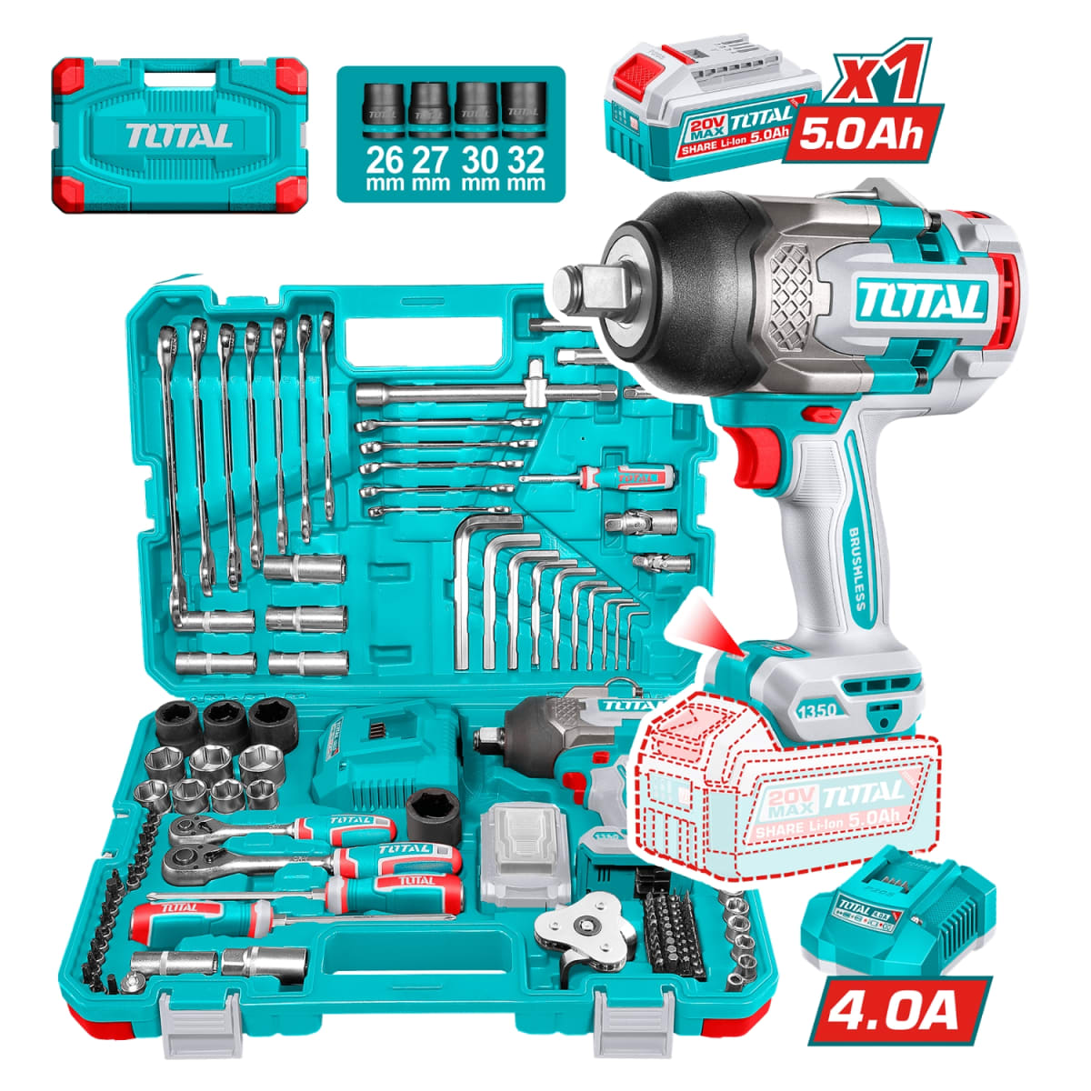 Llave de Impacto 1350nm 20v + 126 Herramientas Total1