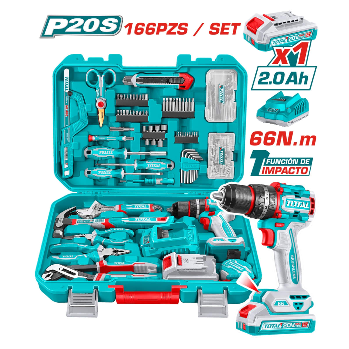 Taladro percutor 66nm 20v + 166 herramientas Total4
