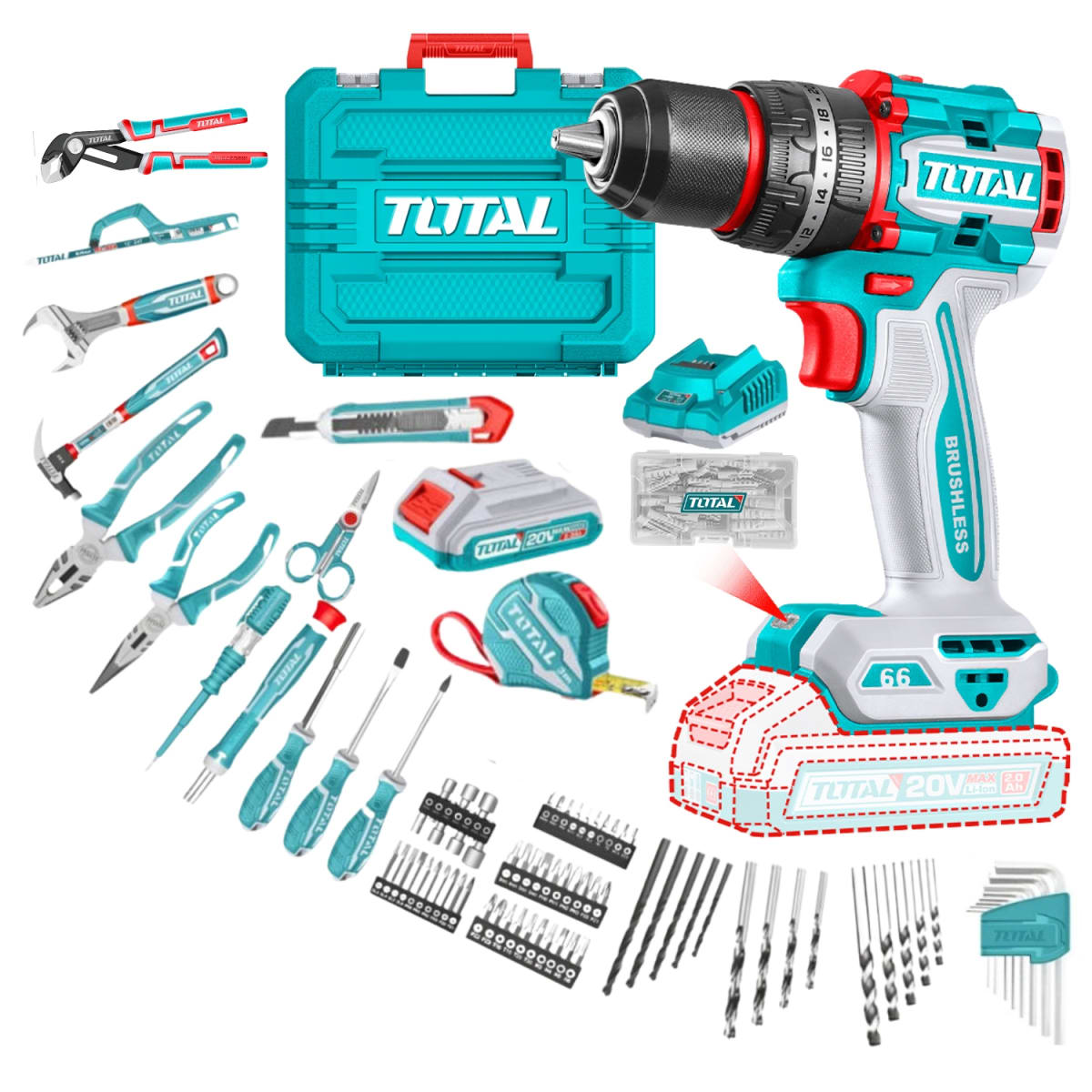 Taladro percutor 66nm 20v + 166 herramientas Total1