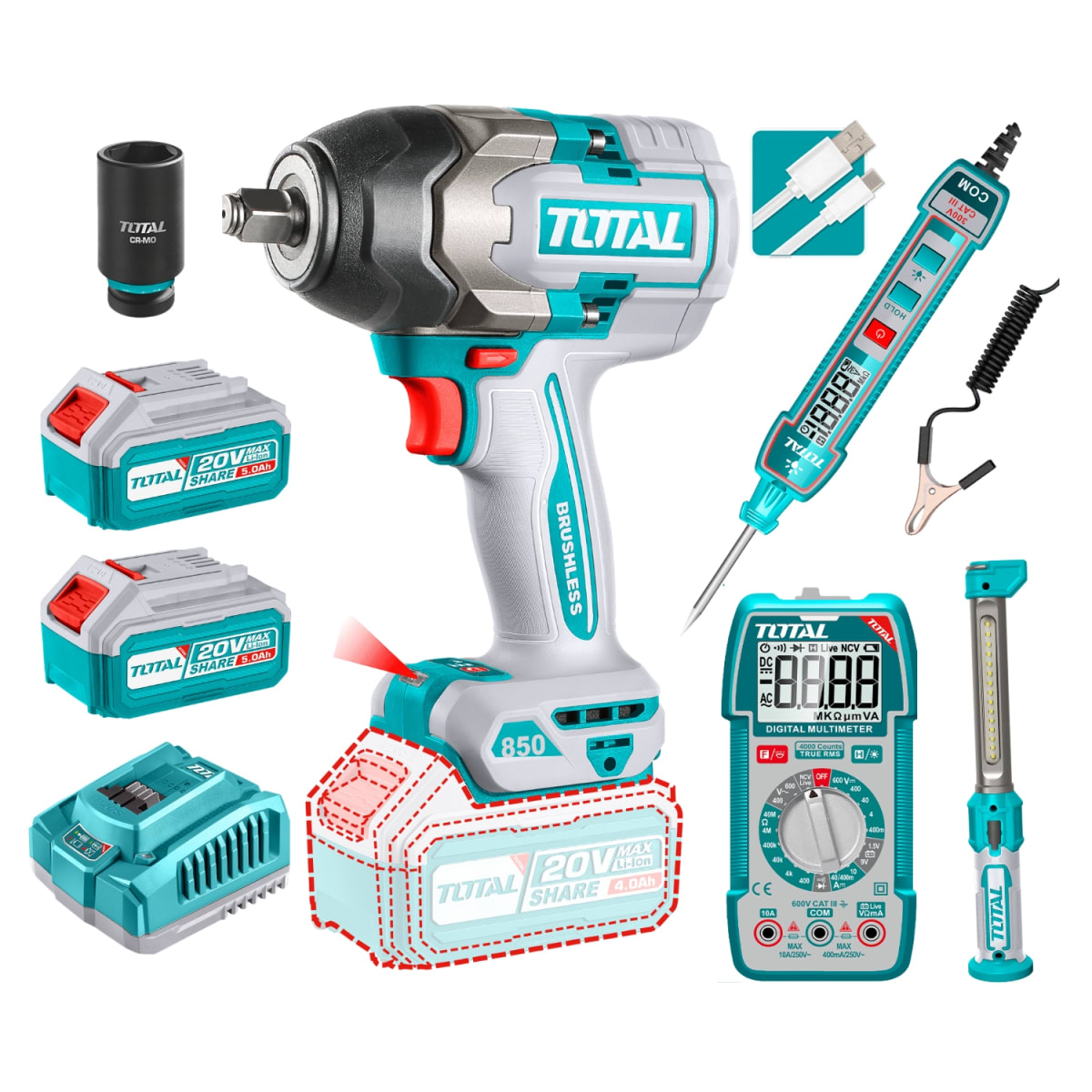 Gabinete metalico 7 cajones + Llave de Impacto 850nm + 369 herramientas Total3