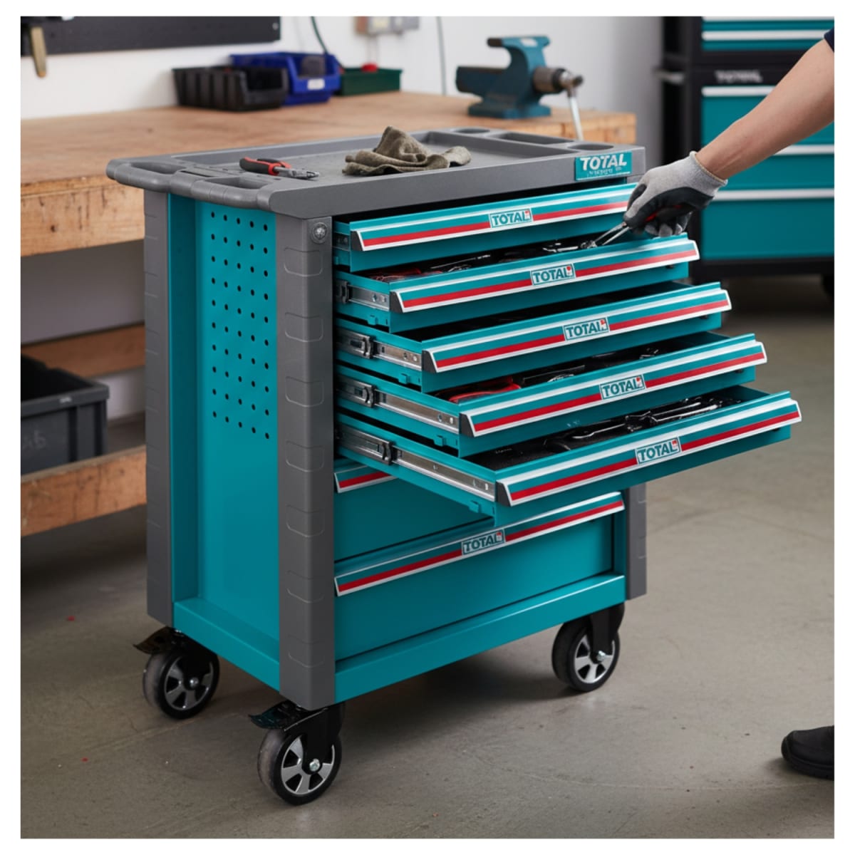 Gabinete metalico 7 cajones + Llave de Impacto 850nm + 369 herramientas Total8