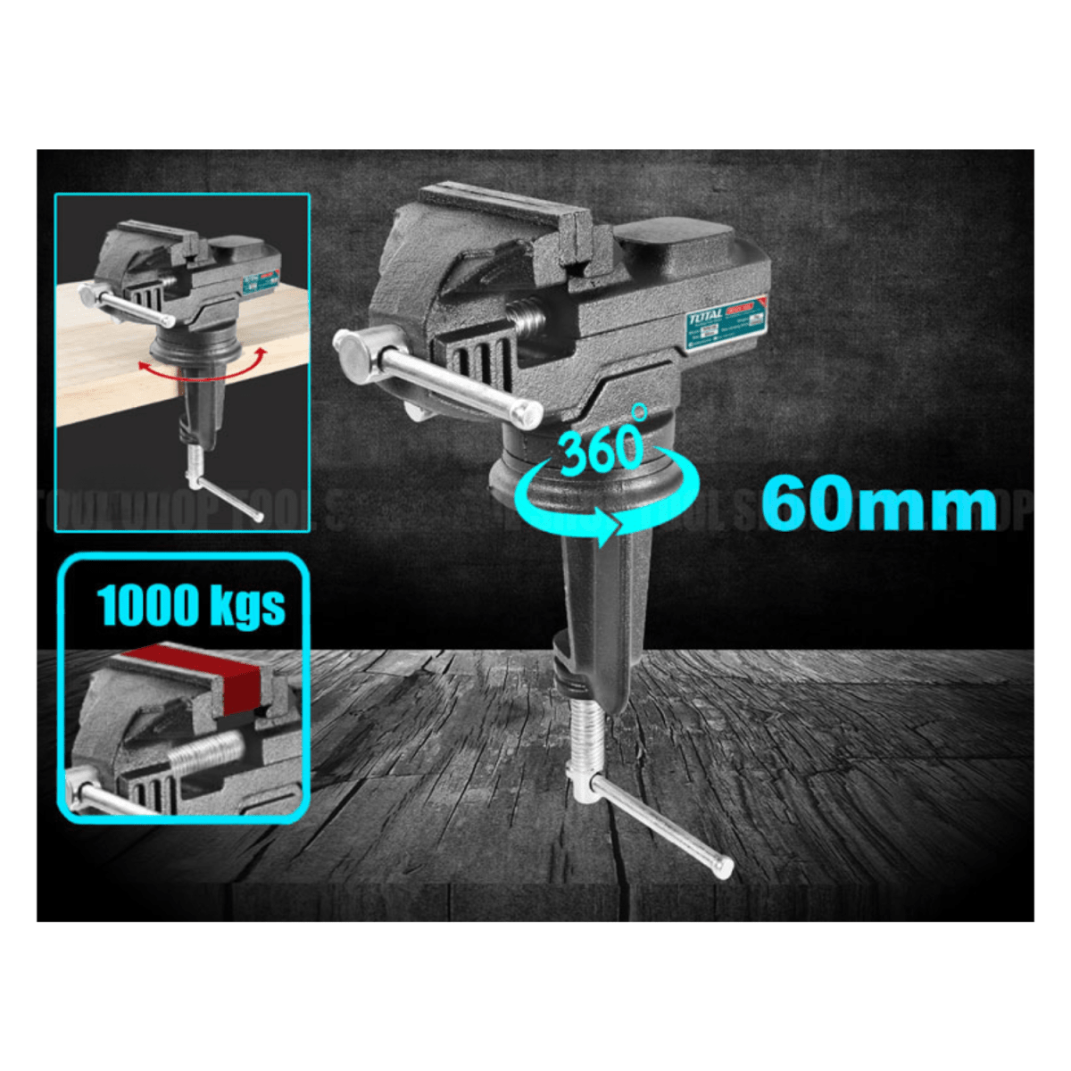 Tornillo de banco con base giratoria 60mm soporta 100Kg Total3