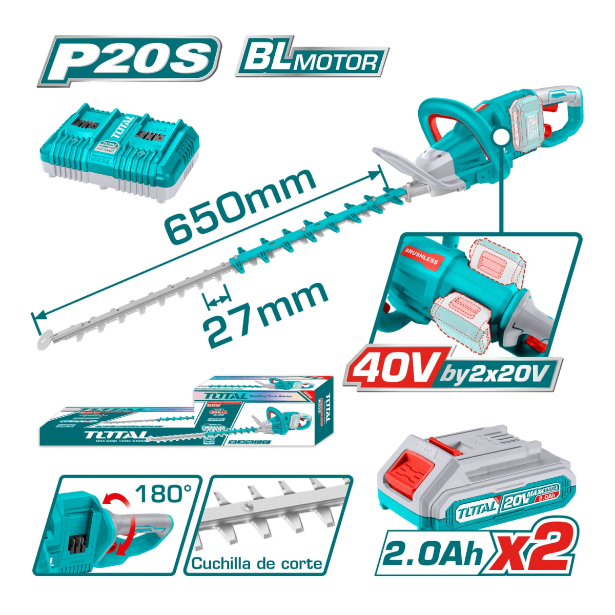 CortaSetos 65cm + 2 Baterias y Cargador doble 40v Total2