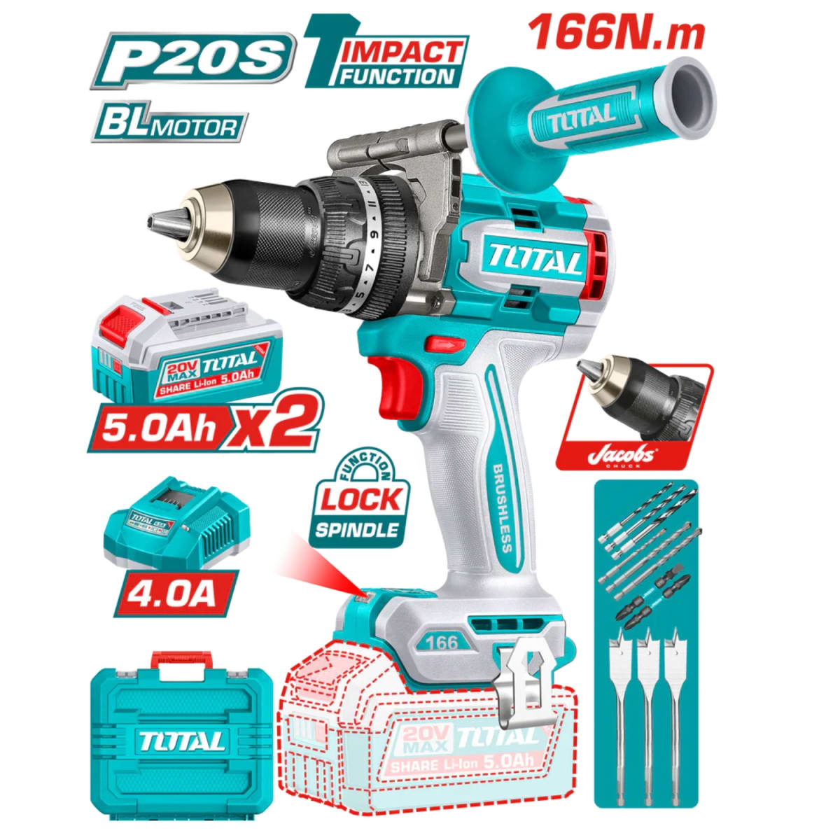 Taladro Percutor 166nm + 2 Baterias 5amp y 1 Cargador 20v Total4