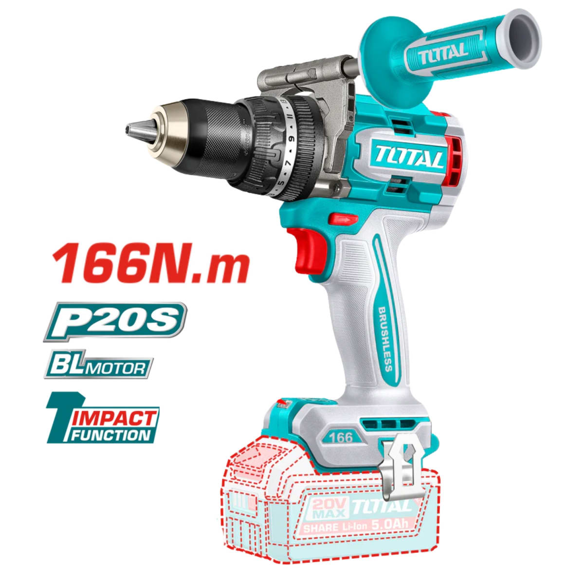 Taladro Percutor 166nm + 2 Baterias 5amp y 1 Cargador 20v Total5