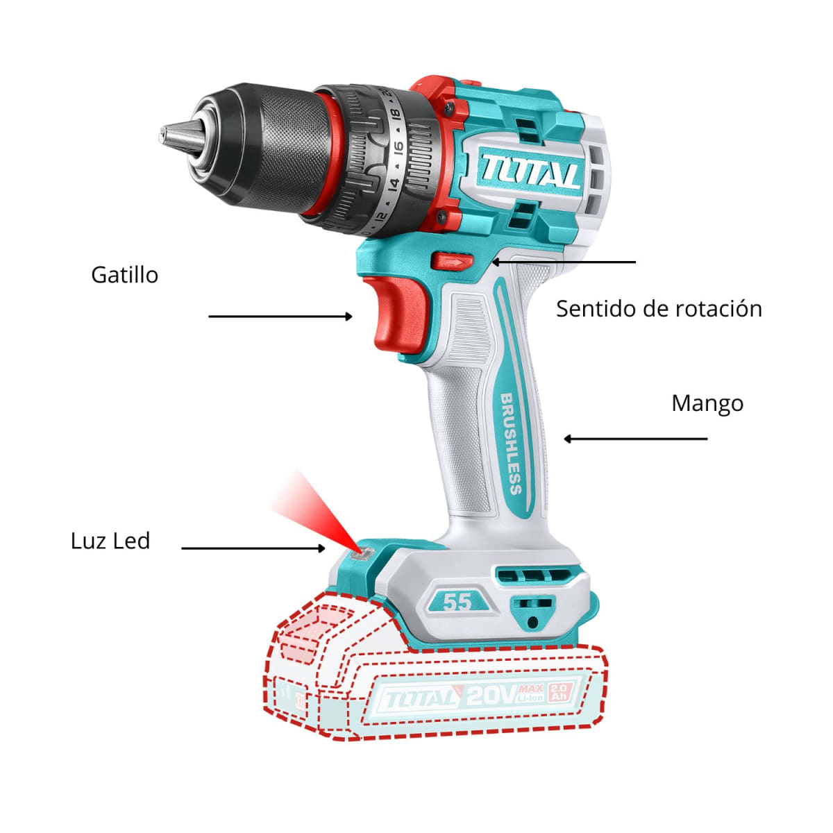 Taladro percutor 55nm + 2 baterías y cargador Total3