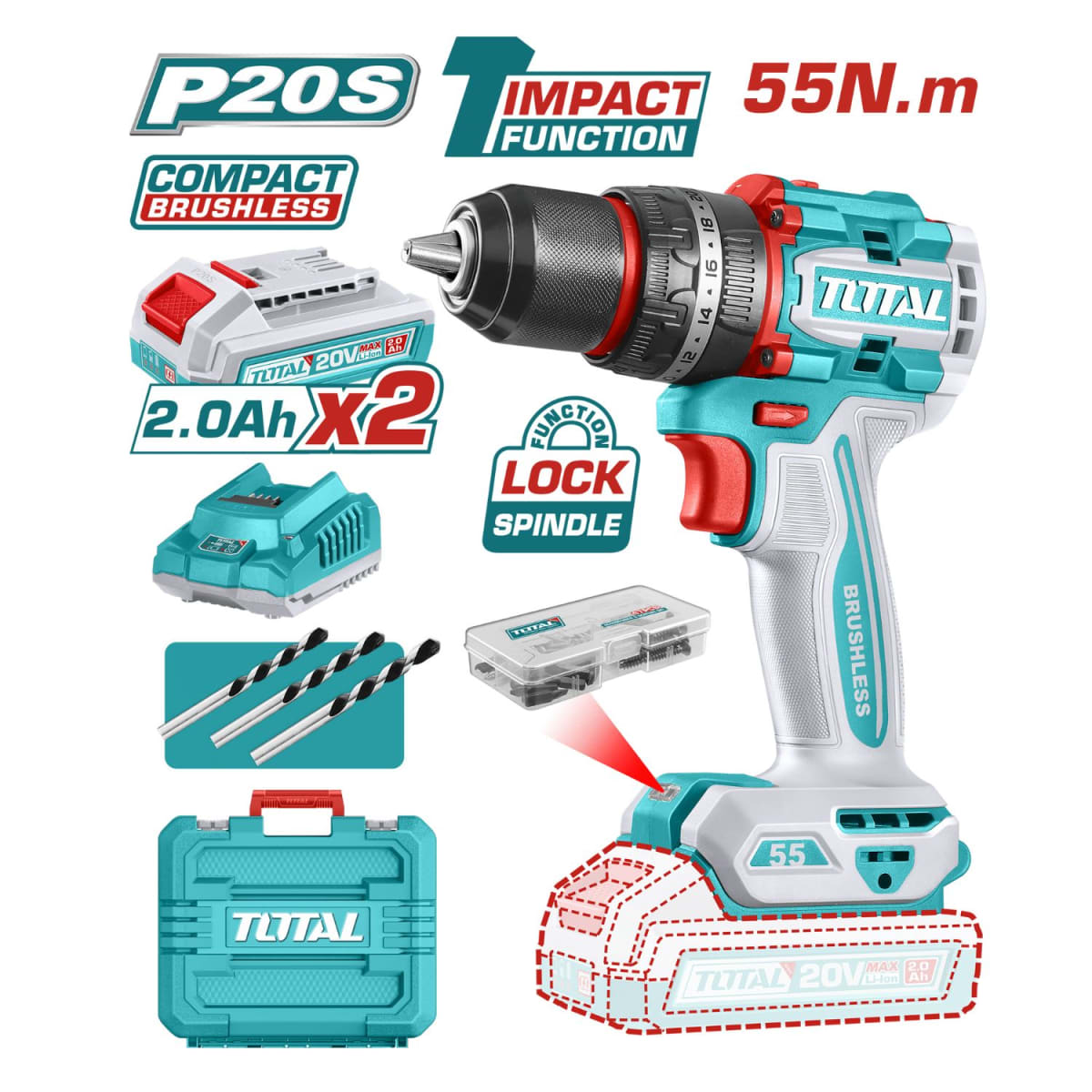 Taladro percutor 55nm + 2 baterías y cargador Total2