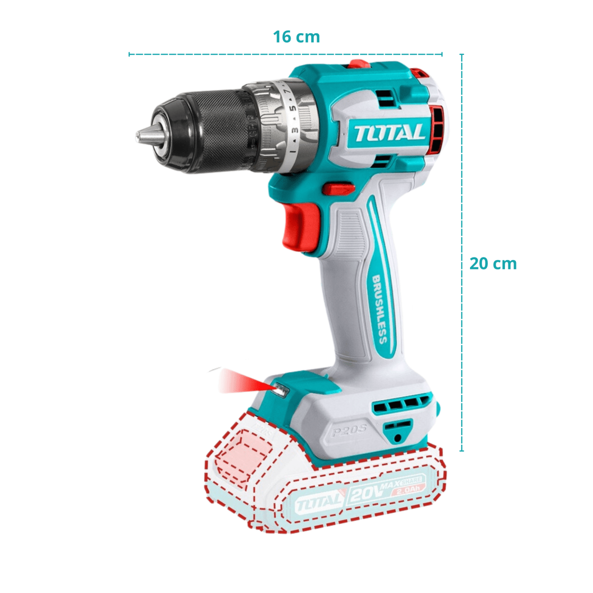 Taladro atornillador percutor Brushless Chuck Metálico 20V +2 Baterías 2.0AH Total2