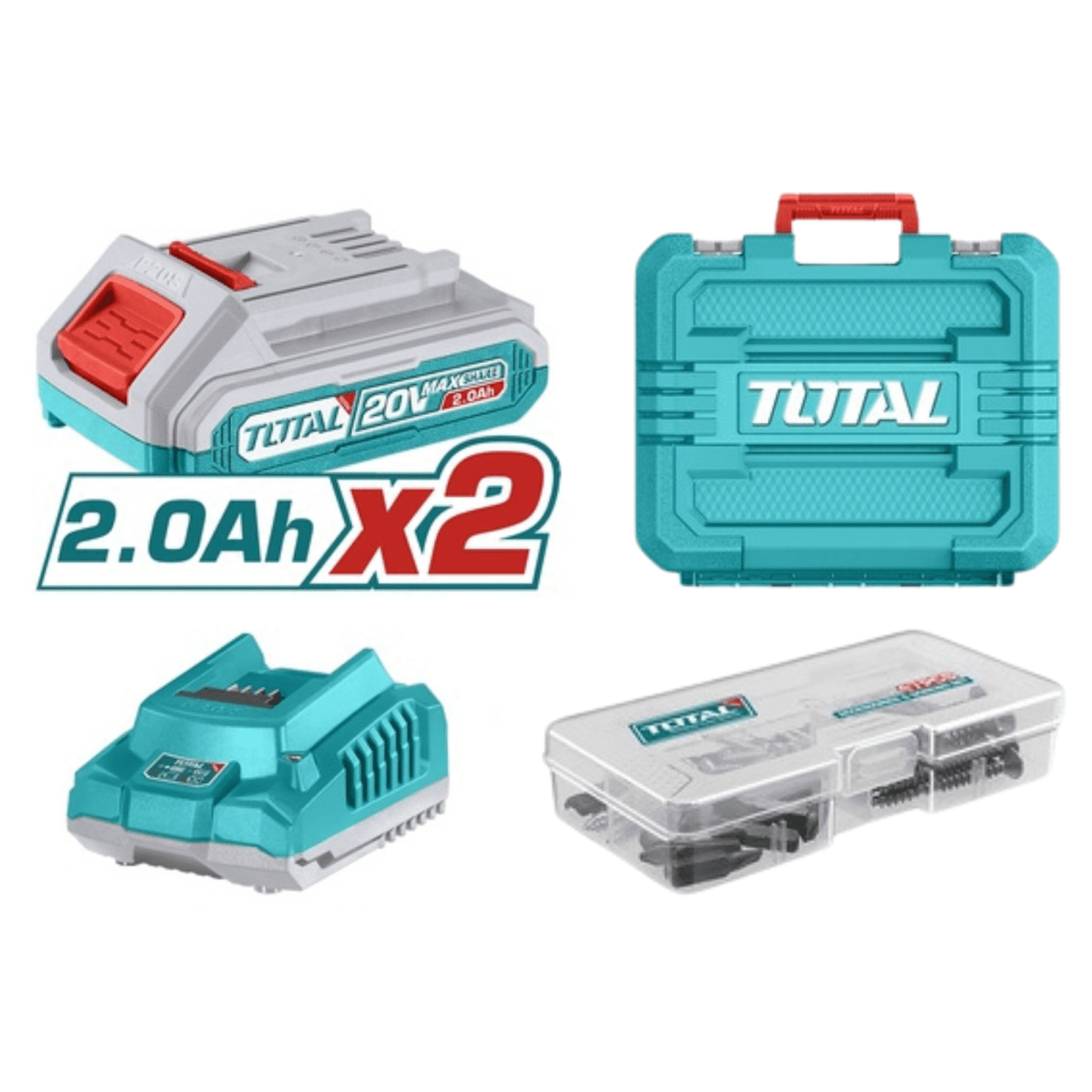 Taladro atornillador percutor Brushless Chuck Metálico 20V +2 Baterías 2.0AH Total4