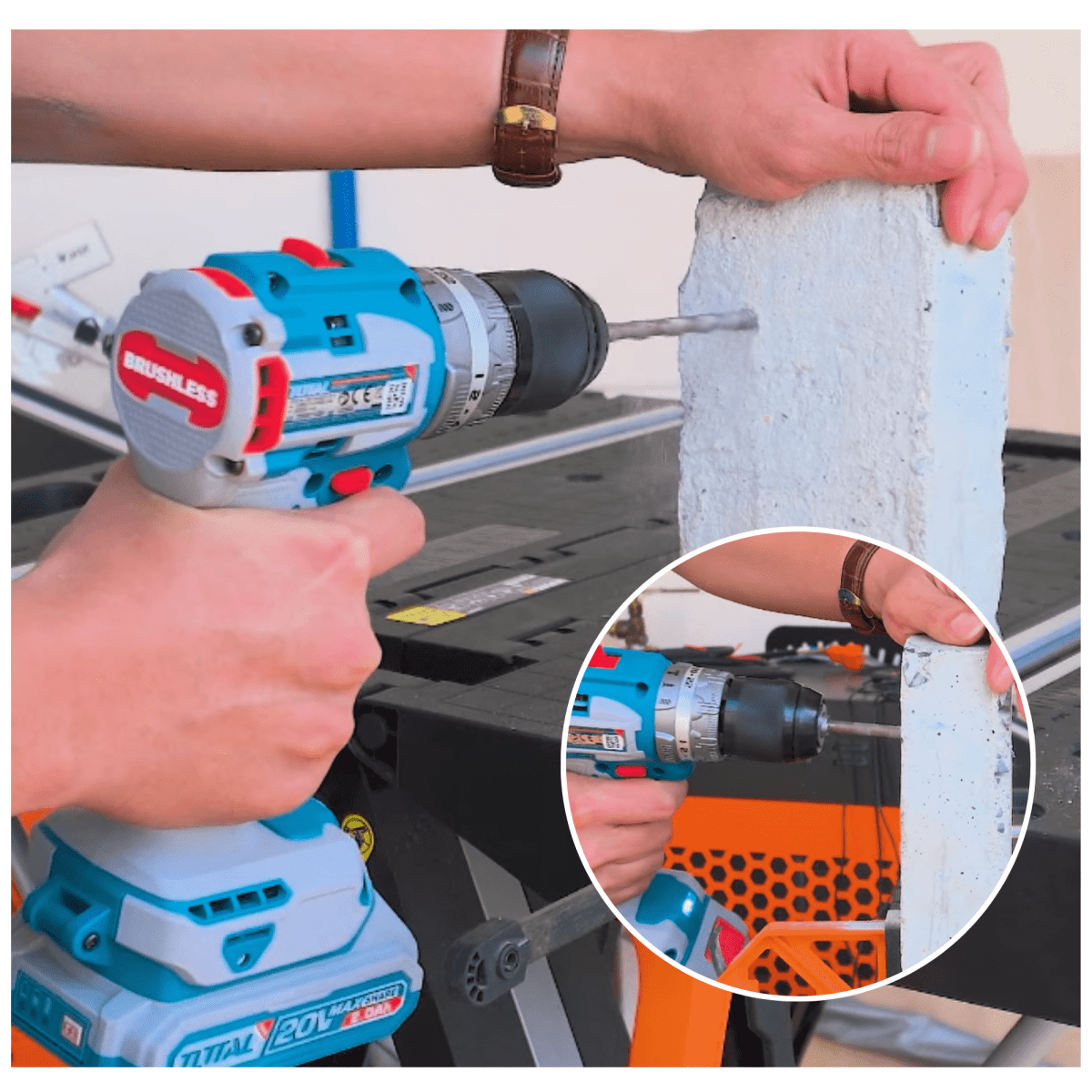 Taladro atornillador percutor Brushless Chuck Metálico 20V +2 Baterías 2.0AH Total6