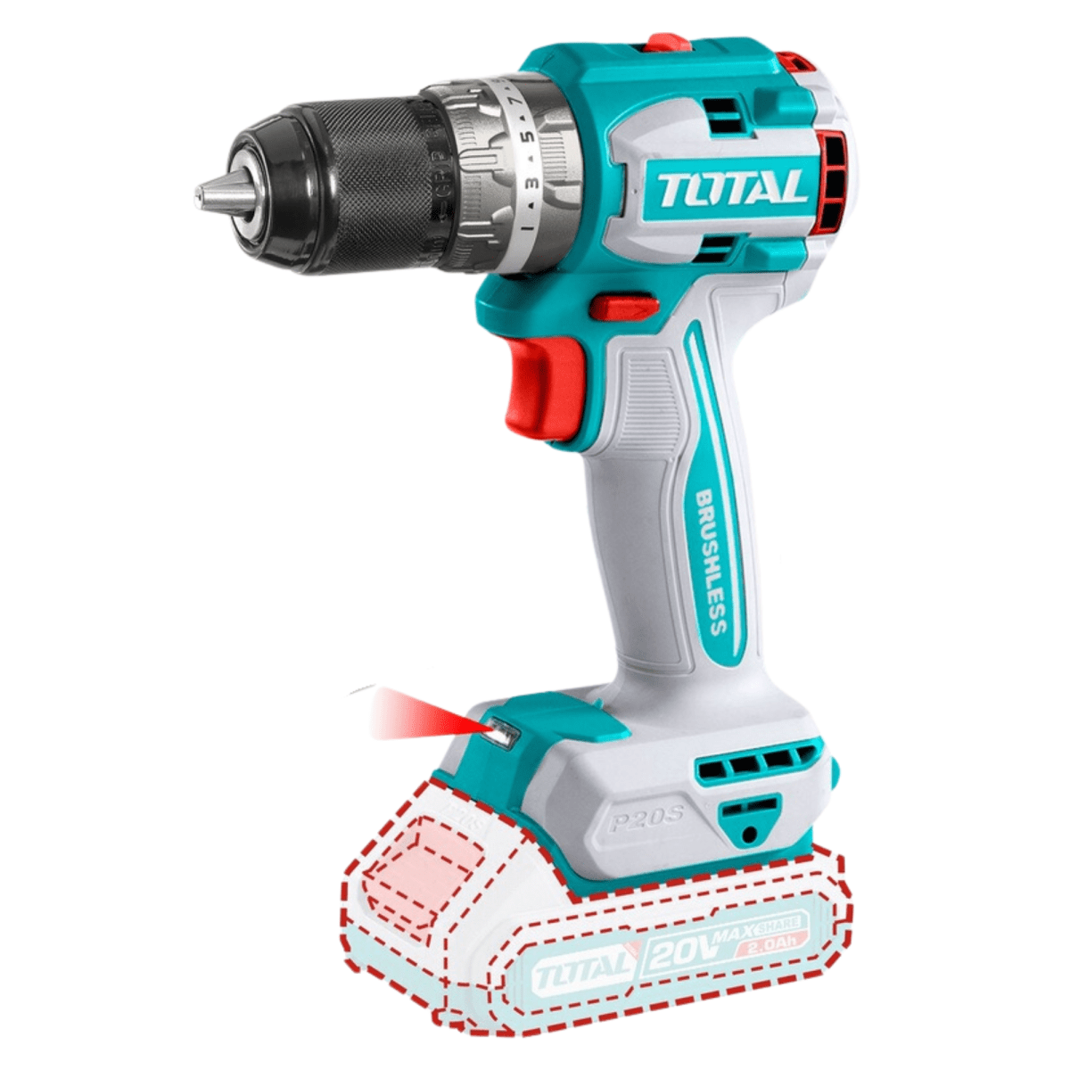 Taladro atornillador percutor Brushless Chuck Metálico 20V +2 Baterías 2.0AH Total3