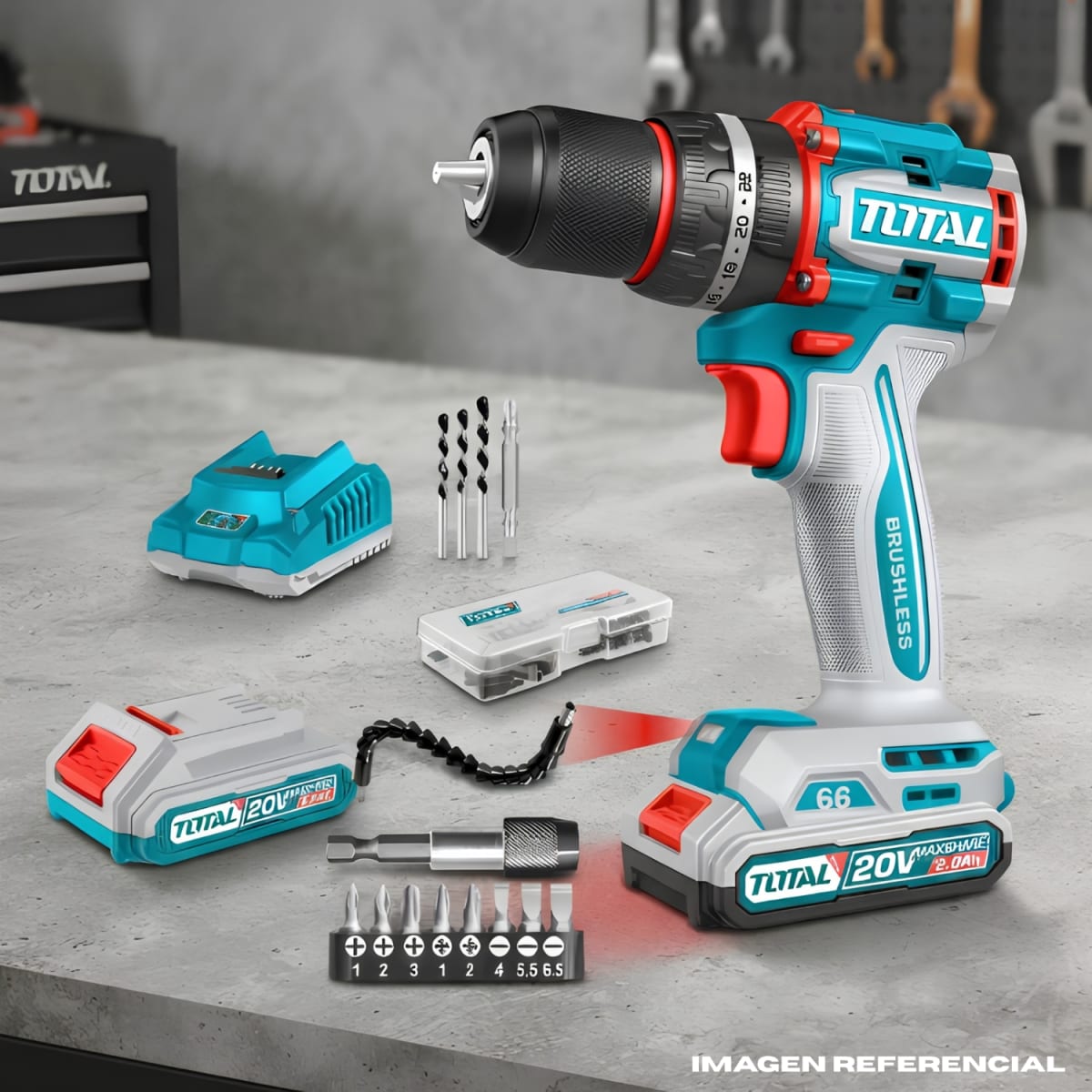 Taladro Atornillador 66nm + 2 Bat 2Ah 20v + Accesorios Total2