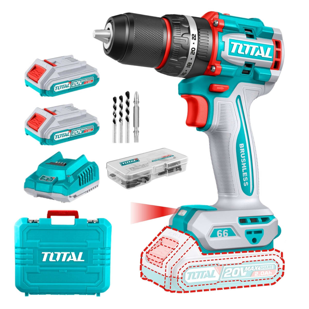 Taladro percutor 66nm + 2 baterías 2ah industrial Total1