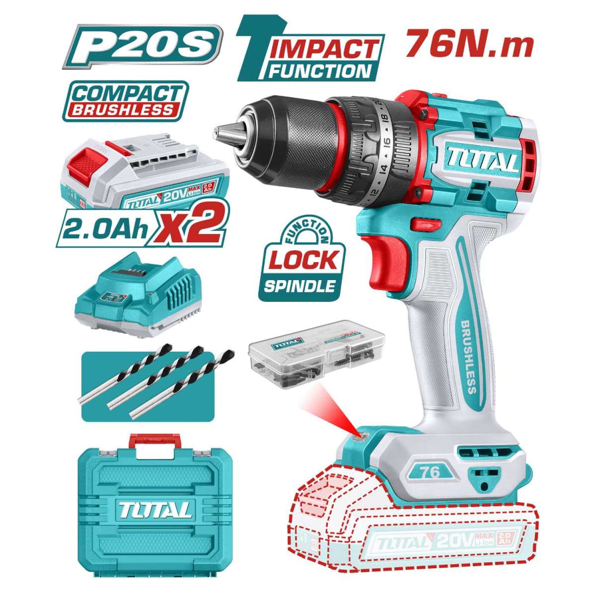 Taladro percutor 76nm + 2 baterías y cargador industrial Total2