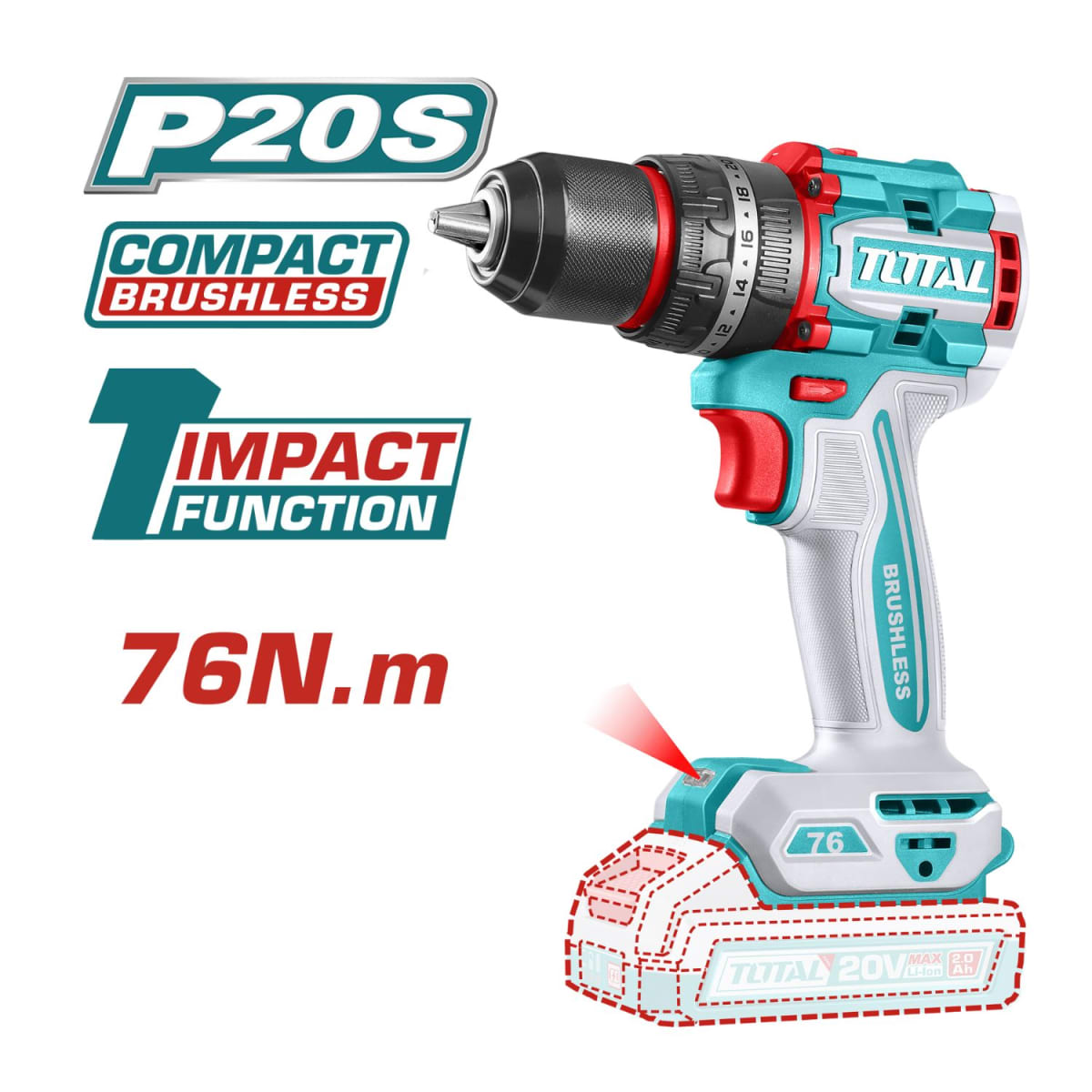 Taladro percutor 76nm + 2 baterías y cargador industrial Total3