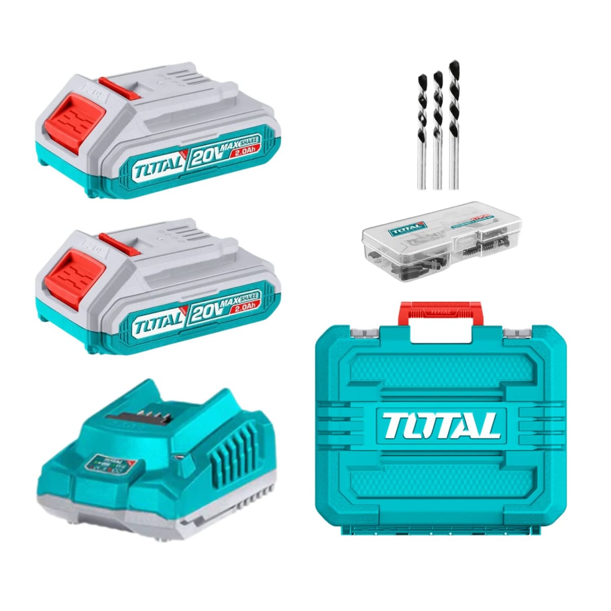 Taladro percutor 76nm + 2 baterías y cargador industrial Total4