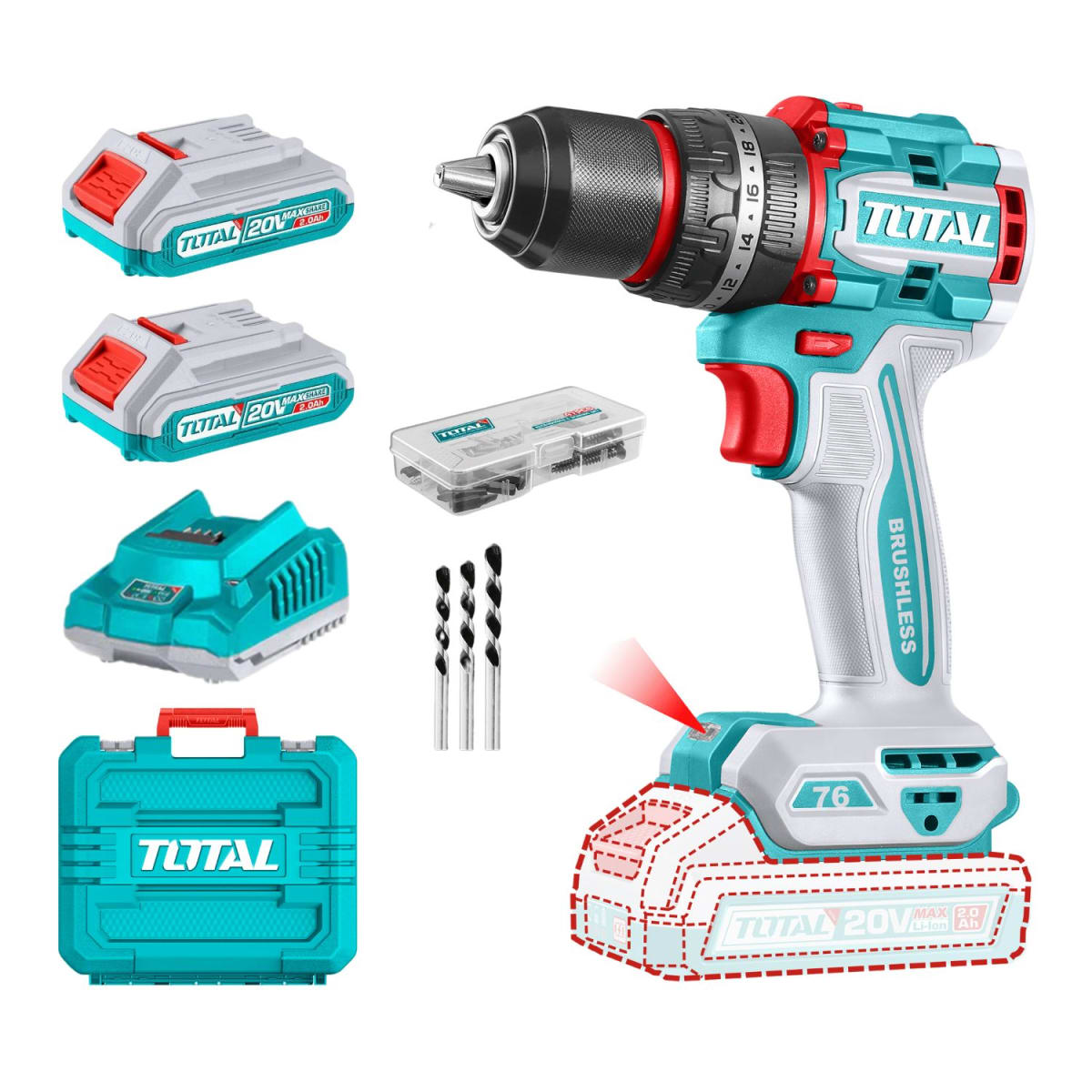 Taladro percutor 76nm + 2 baterías y cargador industrial Total1