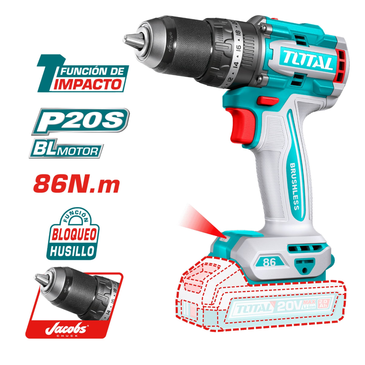 Taladro Percutor y Atornillador 86nm 20V Total4